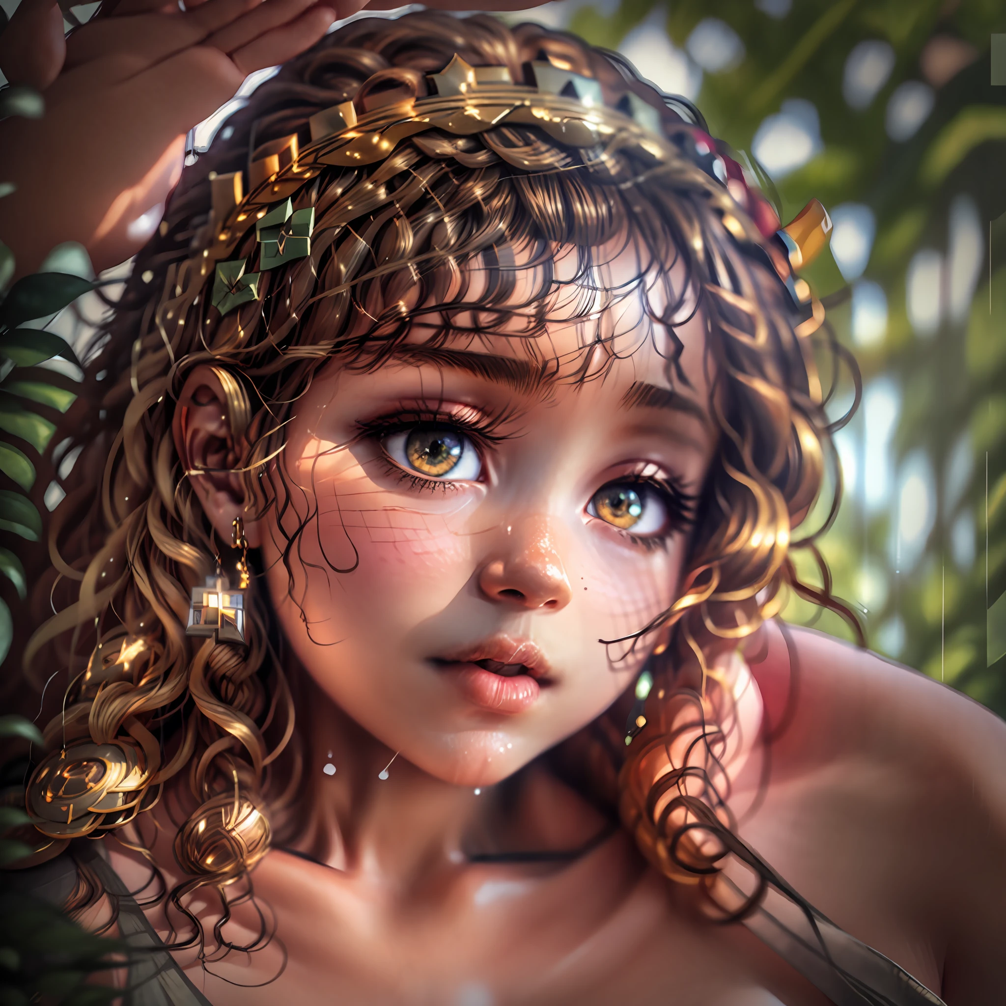 Super Big, Face Close, (hazel eyes), African-Latin style, curly hair, closed mouth, delicate big cheeks, wearing a golden (small laurel crown) and leash, extremely beautiful, Surrealism, 8k, super detail, masterpiece, best quality, (extremely detailed CG unity 8k wallpaper), (best quality), (best illustration), (best shadow), absurdres, realistic lighting, (Abyss), beautiful detailed glow, detailed face