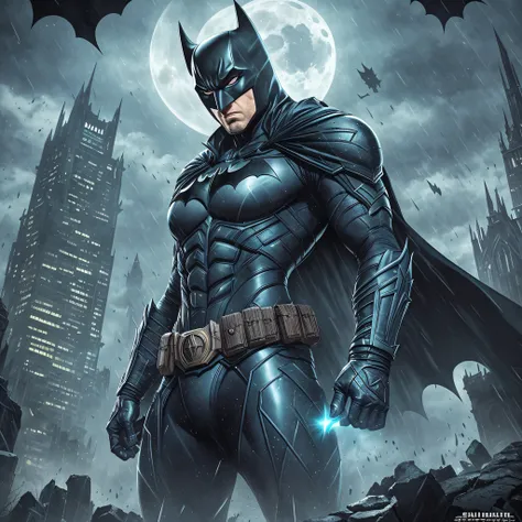 Batman of the Dark Knight is imposing in a lost Gothic city. Moonlight ...