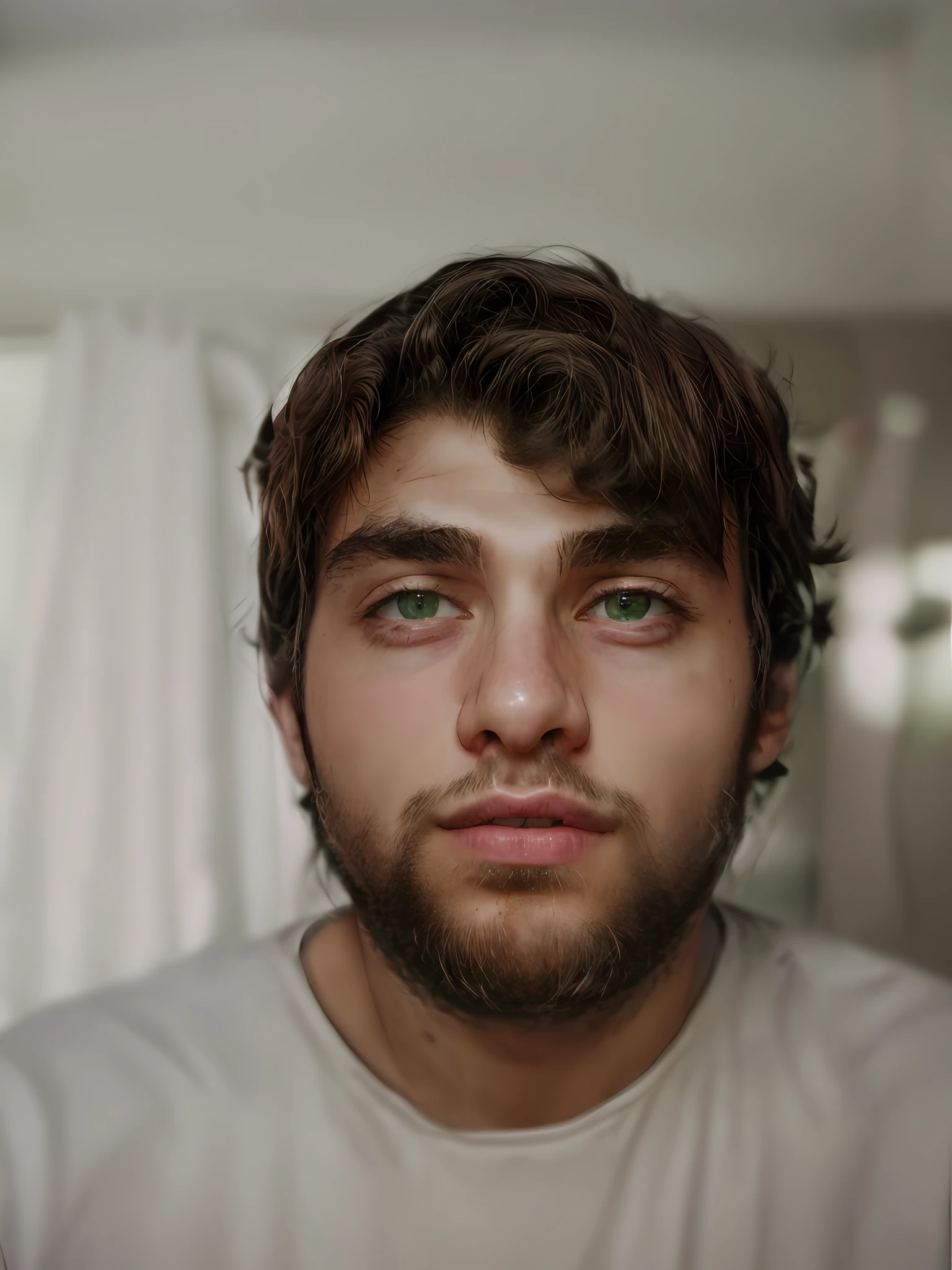 (aesthetic portrait)+(orthographic perspective)+(gray background)+(face centered)+(man)+(24 years old)+(brown hair)+(green eyes)+(in a bathroom)+(wearing gray shirt)