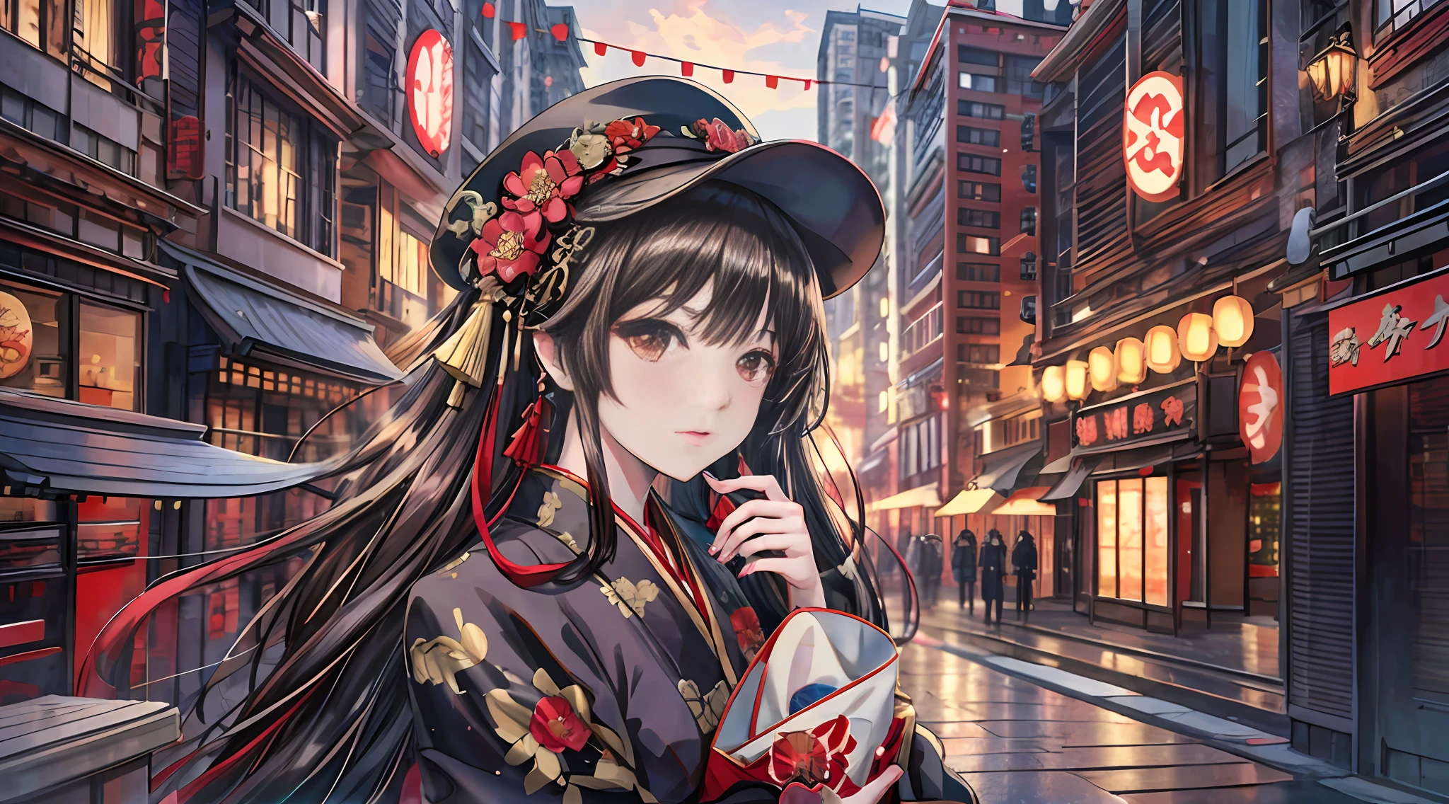 anime girl in a kimono outfit holding a box in a city street, palace ， a girl in hanfu, anime style 4 k, beautiful anime portrait, kawacy, artwork in the style of guweiz, detailed portrait of anime girl, by Yuumei, a beautiful artwork illustration, digital anime illustration, portrait of an anime girl, portrait of cute anime girl