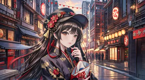 anime girl in a kimono outfit holding a box in a city street, palace ， a girl in hanfu, anime style 4 k, beautiful anime portrai...