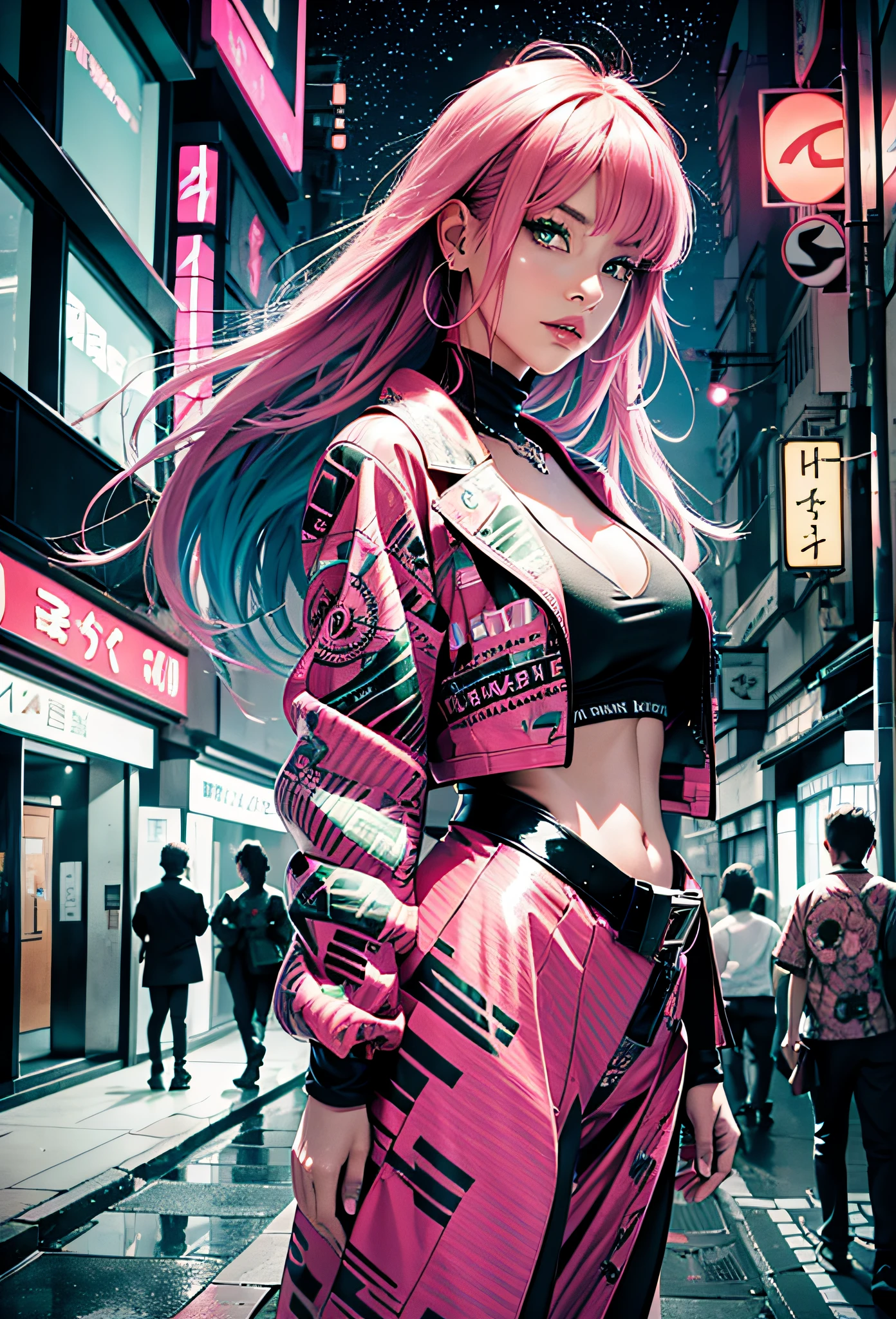 黑色 粉色 ,性感的女孩，粉红色的头发，蓝色的眼睛和绿色 , 背景是日本城市的夜晚,旁边是一辆兰博基尼