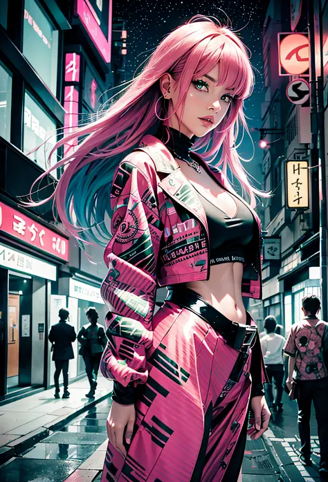 Black pink ,sexy girl with pink hair blue eyes and a green , in the background Japanese city at night,next to a Lamborghini