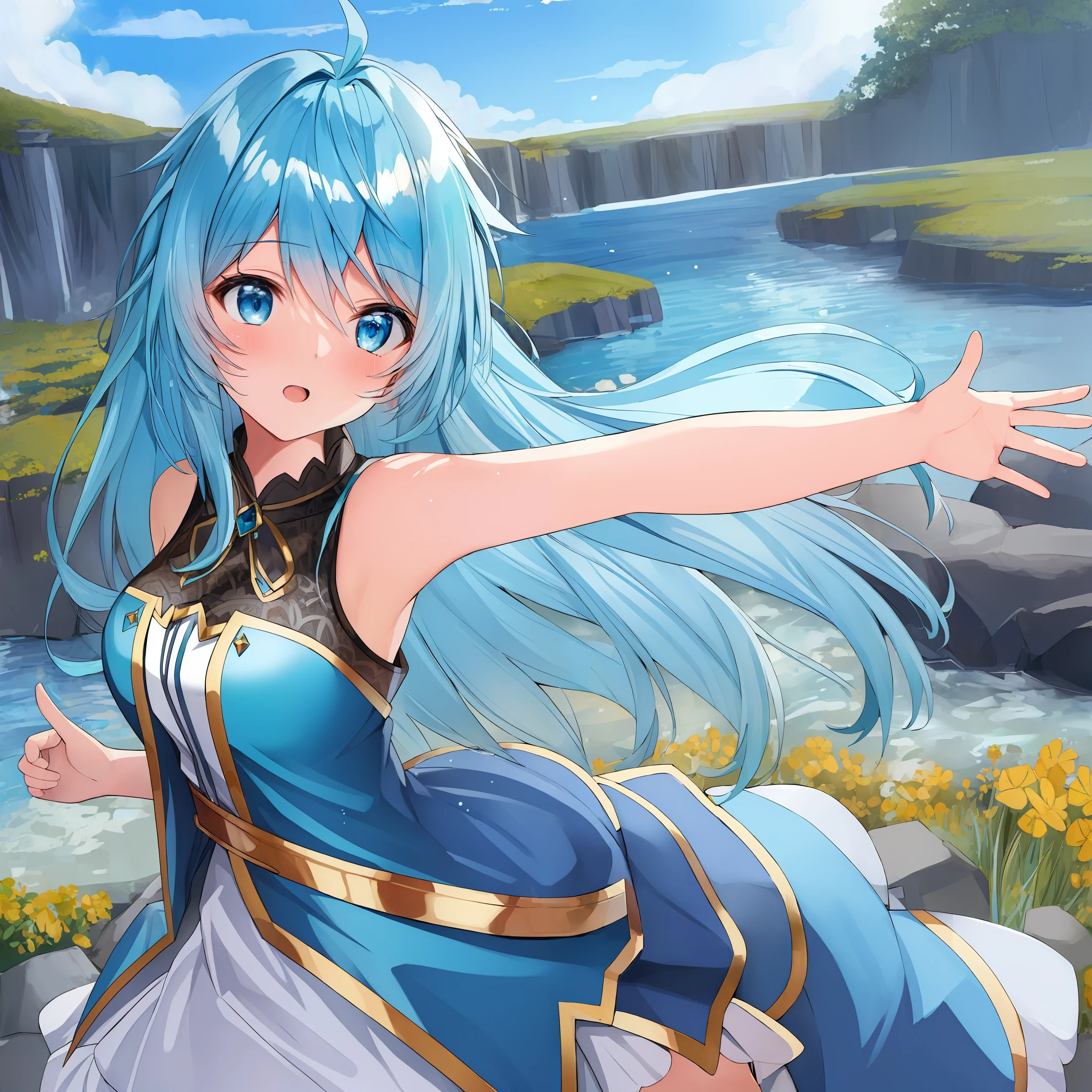 (masterpiece:1.5), best quality, beautiful and detailed anime face, perfect anatomy, dynamic pose, aqua konosuba, 1girl, solo, long blue hair, blush, open mouth, blue eyes, hoge, monster duel, scenery.