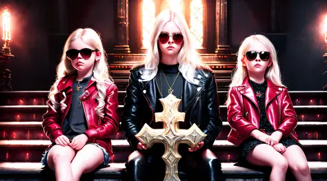A half-body, portrait of 3 girls German children long platinum blonde hair of 12 years, red leather jackets, sunglasses,, an ill...