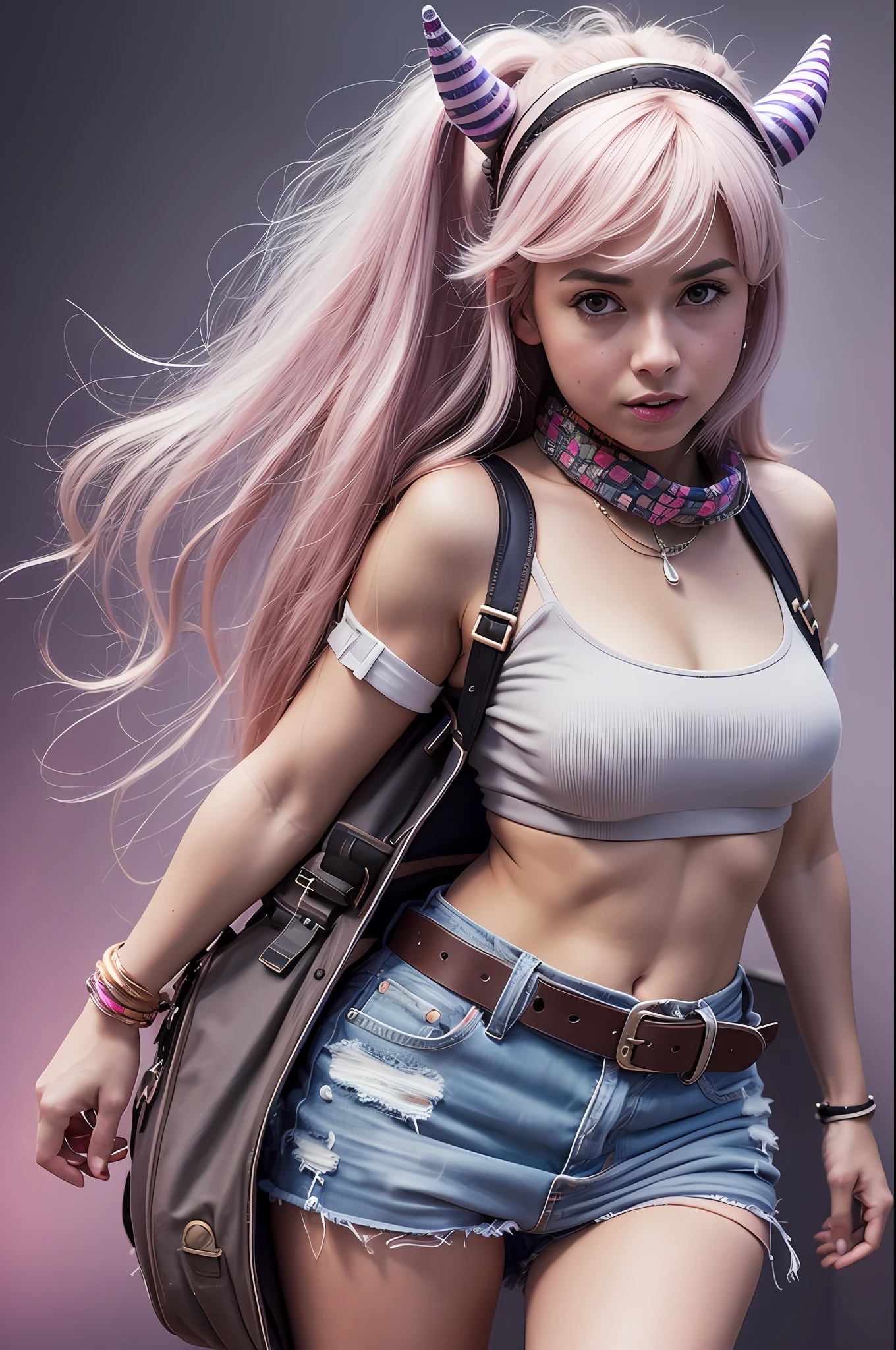 masterpiece, best quality, 8k, art station, sharp focus, (ultra-realistic: 1.5), (high details: 1.4), rough photo of a cute young woman, smiling, big eyes, holding dog, tiara with purple horns, cosplay, backpack, jean shorts, arm gaiter, striped clothes, wide hips, ponytails, long blonde and pink hair, faded, complex things around, intricate background,  (Kinematics: 1.4),