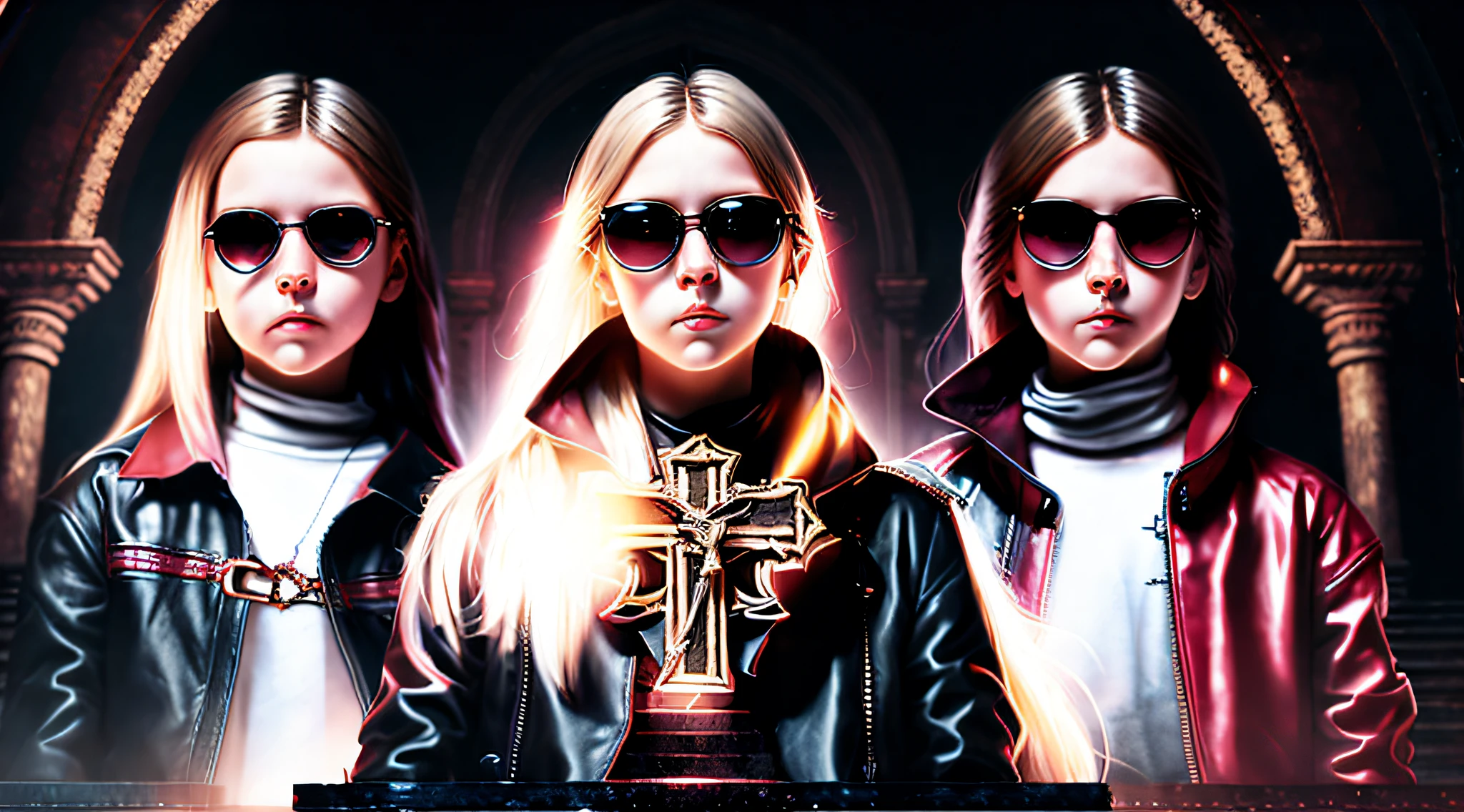 REALISTIC PHOTO, A half body, portrait of 3 girls German children long blonde hair of 12 years, red leather jackets AND BLACK CLOTHES, sunglasses,, an illuminated cross sitting on top of a set of steps (NecroChurch style:1)