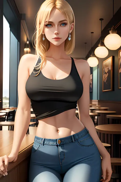 An attractive woman with diamond blue eyes, sparkling blonde hair, gorgeous body, wearing a black top, tabby abdomen, jeans, anatomically perfect, in a café, HD picture, 8k, artwork, perfect illustration