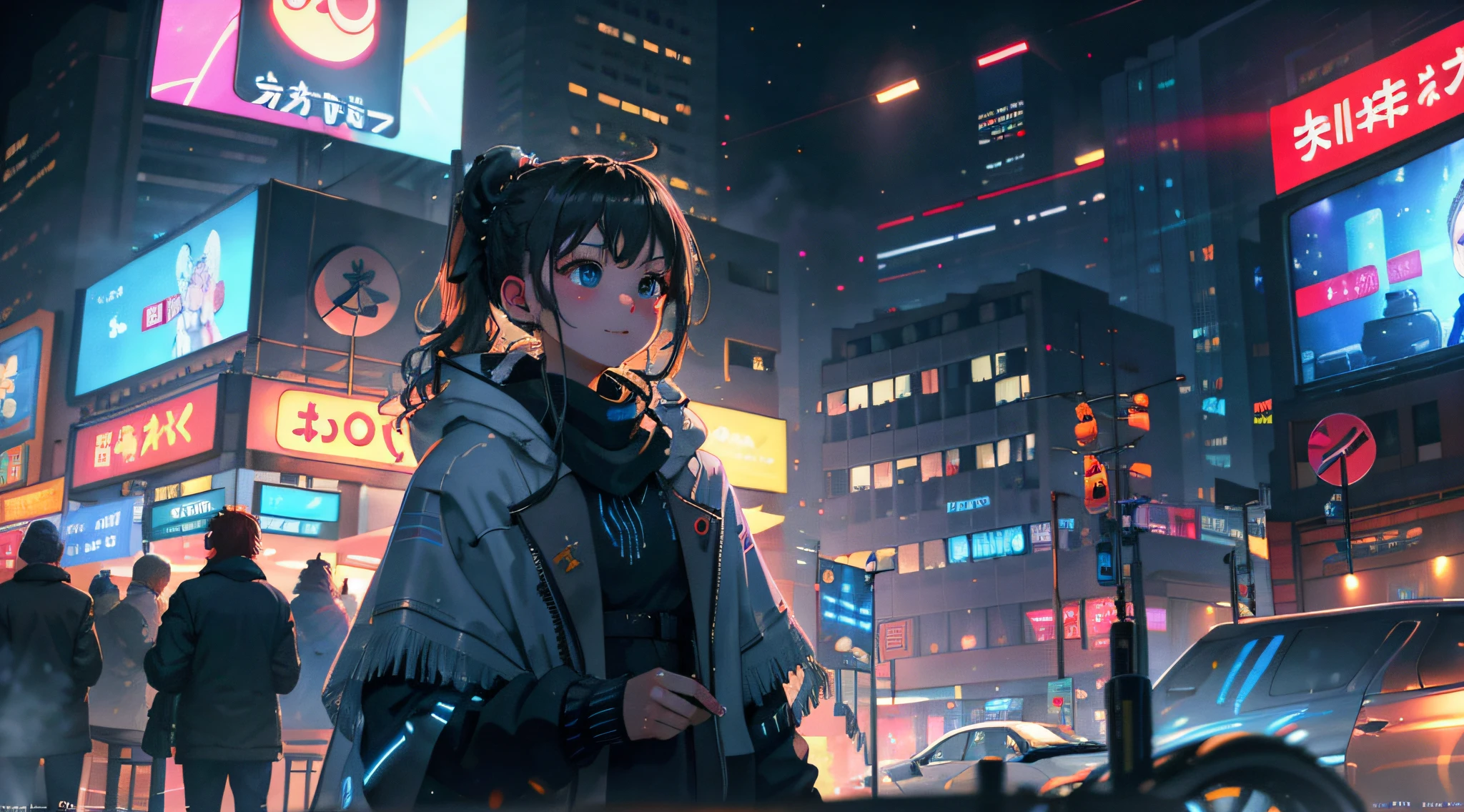 Best quality, masterpiece, very detailed, detailed background, octane rendering, HDR, 8K, 1girl, solo, brunette hair, blue eyes, braids, wavy hair, fluffy hair, ponytail, french braid, blush, smile, shawl, look at the audience, depth of field, background bokeh, industrial, punk, neon, shiny signboard, bar, cyberpunk, night, wandering, drifting snow, face lighting, movie lights, cool colors