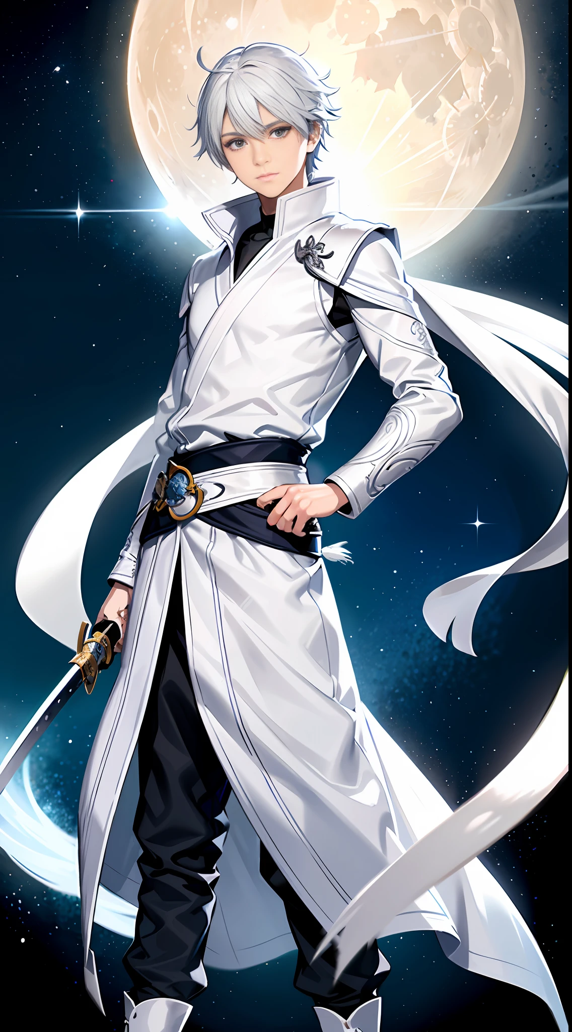 A 13-year-old boy with white hair and silver eyes, known for having great combat skills with ice magic. He wears white clothes like the light of the full moon with a long white scarf around his neck, in addition he also carries a katana with the blessing of the moon goddess that he carries on the right side of his waist
