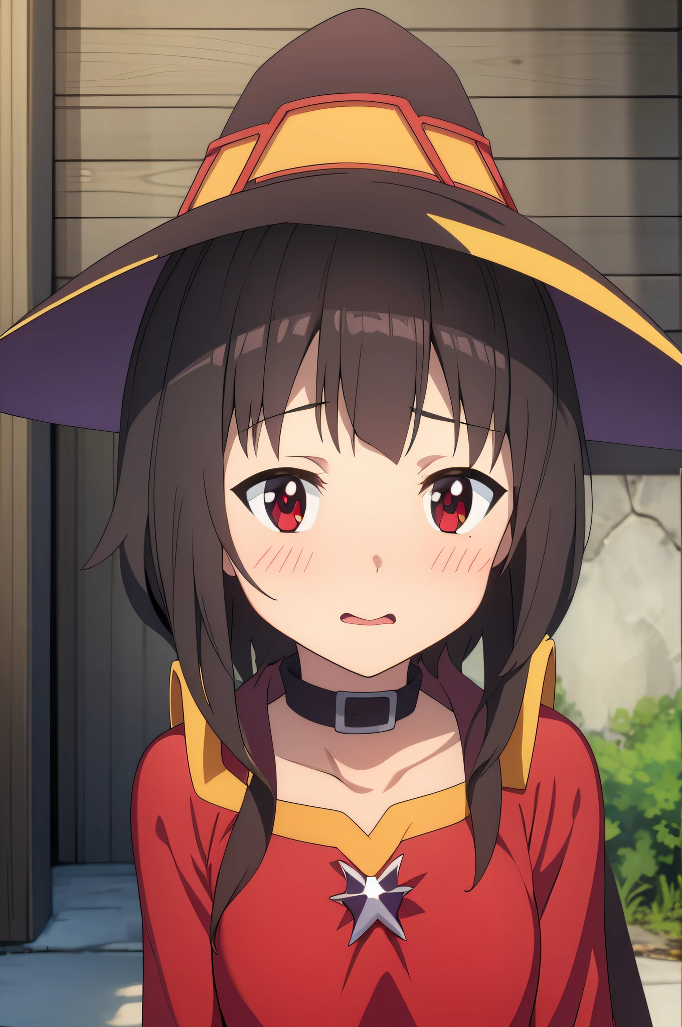 (((걸작))), 최고의 품질, 상세한 애니메이션 스타일, 초고해상도, konosuba megumin, 수줍고 붉어진 얼굴 표정.