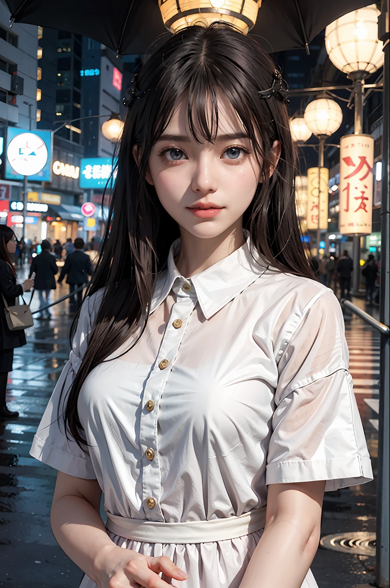 masterpiece, 1 beautiful girl, detailed eyes, puffy eyes, best quality, ultra high definition, (reality: 1.4), original photo, 1Girl, cinematic lighting, smile, Japan, asian beauty, korean, neat atmosphere, super beautiful, little young face, beautiful skin, slender, cyberpunk background, (ultra realistic), (high resolution), (8k), (very detailed), (best illustration) , (beautiful and detailed eyes), (super detailed), (wallpaper), (detailed face), look at the viewer, fine details, detailed face, pureerosfaceace_v1, smile, 46-point diagonal bangs, facing straight ahead, neat clothes, black colored eyes, hair wet in the rain, clothes (fashionable plain folding collar irregular shirt feeling date dress), body facing forward,