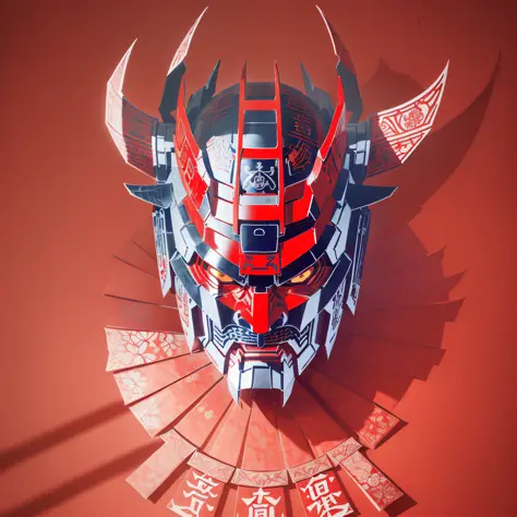 Optimus Prime ((Oni Hannya samurai mask with ancient Samurai Kabuto helmet)))), (((masterpiece))), best quality, ((Kirigami's Ja...