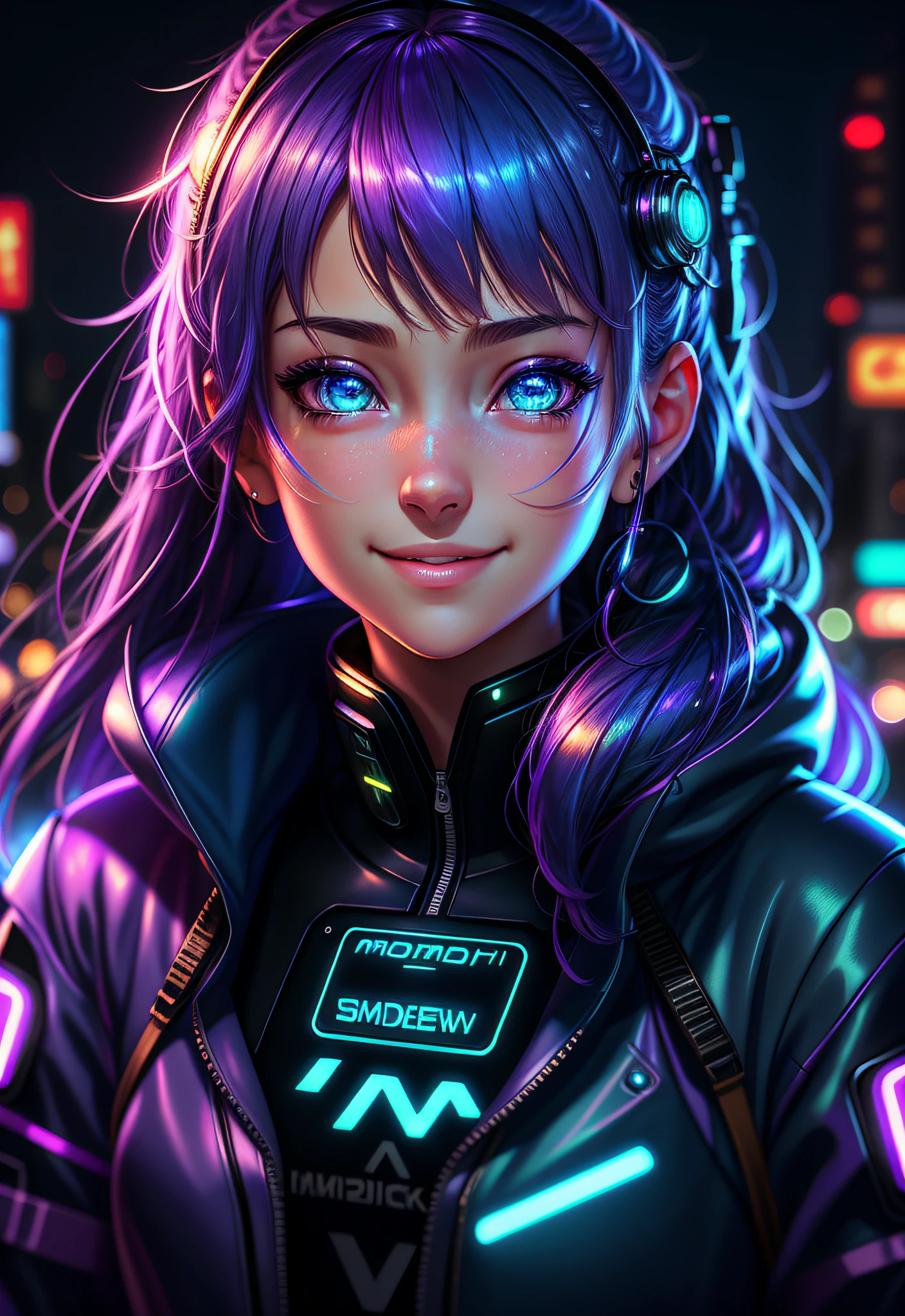 masterpiece, best quality, half body, portrait, night city, 1girl, Anime, 3D, Japan, Pixar, realistic, smiling, beautiful face, harajuku fashion style, raincoat, beautiful, colorful, neon lights, cyberpunk, soft skin, illustration, art station, stanley artgerm lau painting, sideways look, foreshortening, 8K extremely detailed, smooth, high resolution, ultra quality, highly detailed eyes,  highly detailed mouth, highly detailed face, perfect eyes, both eyes are equal, true light, brightness, iridescent, global lighting, real hair movement, real light, real shadow, real face, hd, 2k, 4k, 8k, 16k, realistic light, realistic shadow, bright eyes, fluorescent eyes, soft light, dream light
