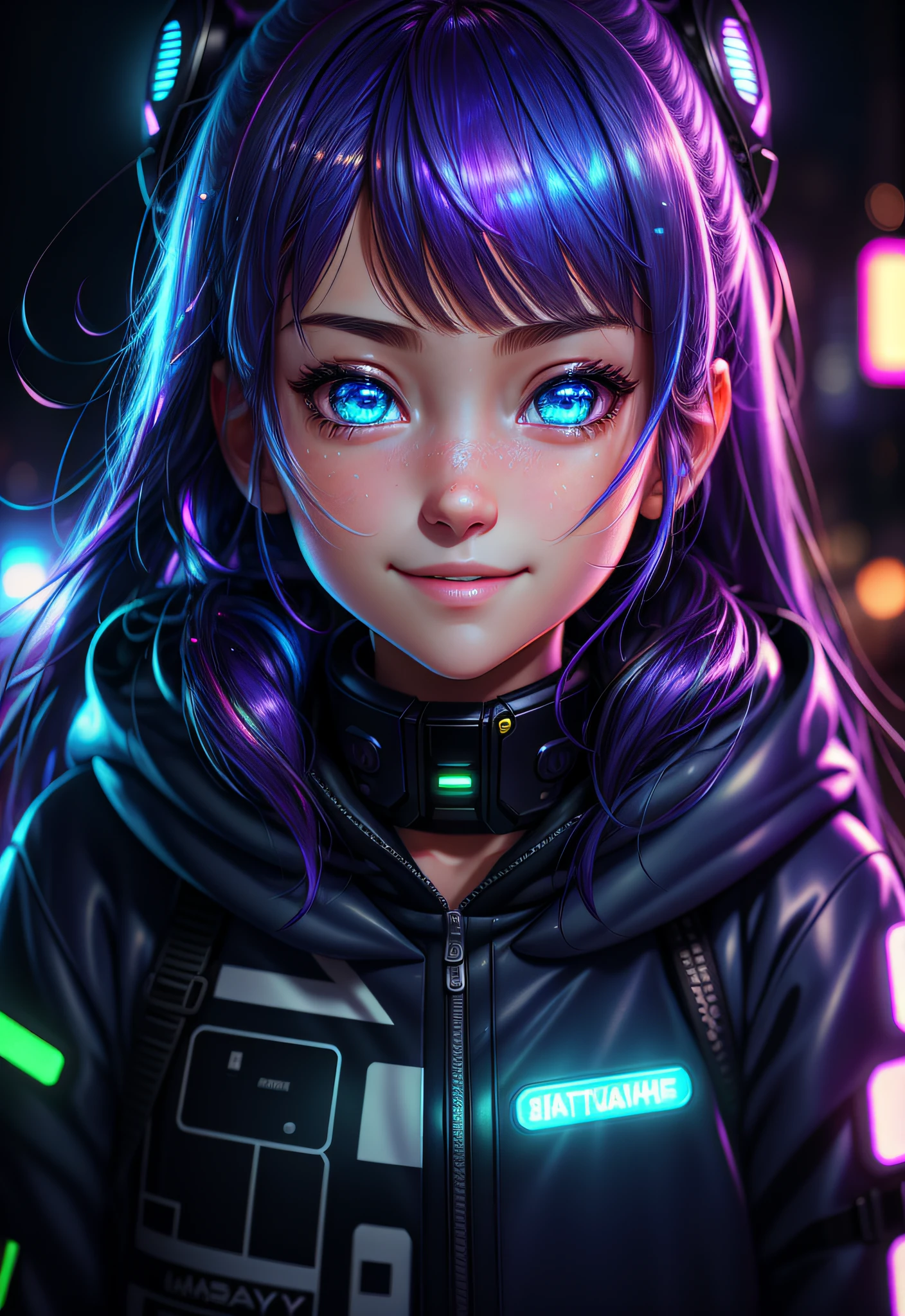 masterpiece, best quality, half body, portrait, night city, 1girl, anime, 3D, Japan, pixar, realistic, teen girl, smiling, cute face, harajuku fashion style, rain coat, beautiful, colourful, neon lights, cyberpunk, smooth skin, illustration, artstation, painting by stanley artgerm lau, sideways glance, foreshortening, extremely detailed 8K, smooth, high resolution, ultra quality, highly detail eyes, highly detail mouth, highly detailed face, perfect eyes, both eyes are the same, true light, glare, Iridescent, Global illumination, real hair movement, real light, real shadow, real face, hd, 2k, 4k, 8k, 16k, realistic light, realistic shadow, bright Eyes, fluorescent eyes, soft light, dream light