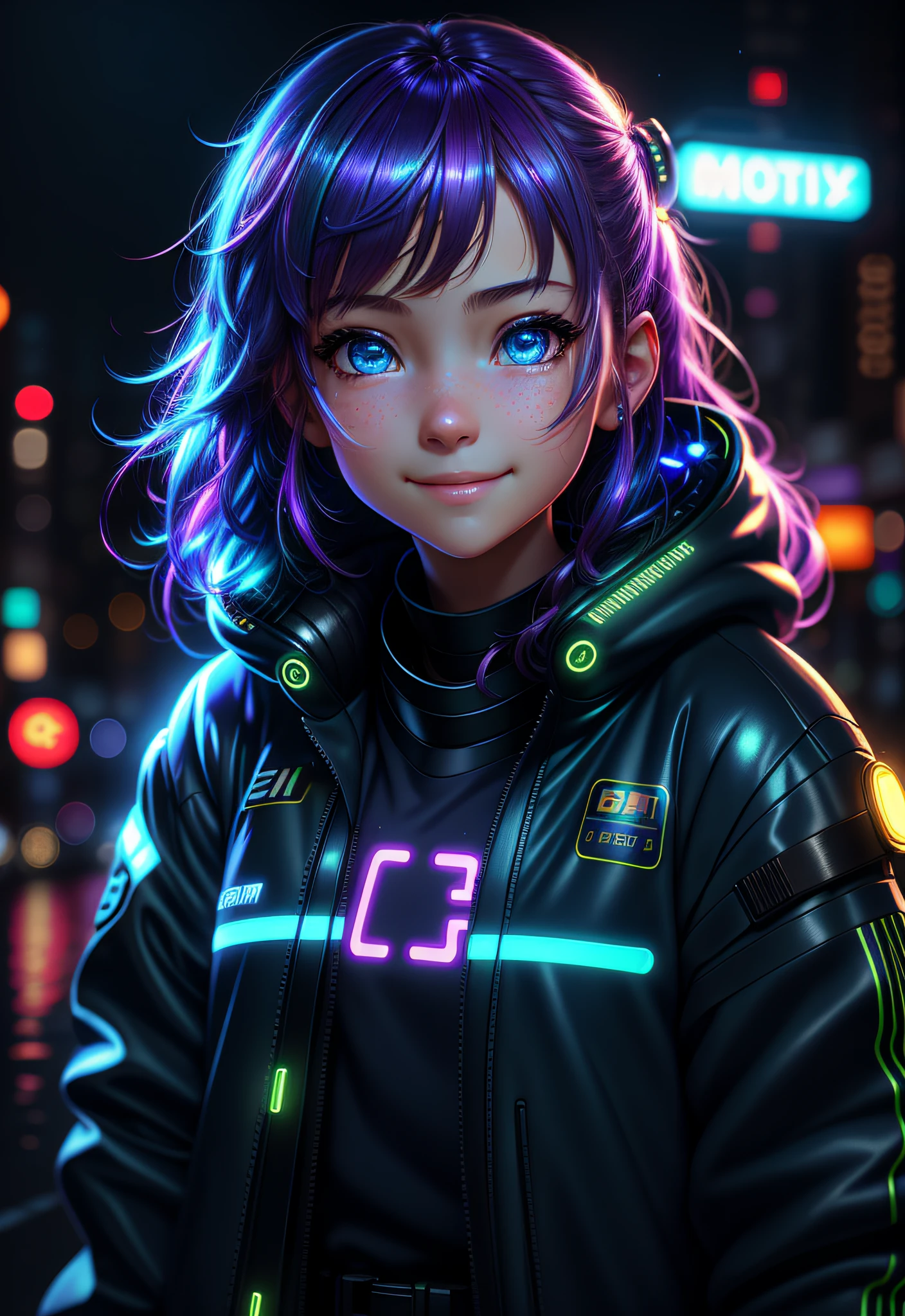 masterpiece, best quality, half body, portrait, night city, 1girl, anime, 3D, Japan, pixar, realistic, teen girl, smiling, cute face, harajuku fashion style, rain coat, beautiful, colourful, neon lights, cyberpunk, smooth skin, illustration, artstation, painting by stanley artgerm lau, sideways glance, foreshortening, extremely detailed 8K, smooth, high resolution, ultra quality, highly detail eyes, highly detail mouth, highly detailed face, perfect eyes, both eyes are the same, true light, glare, Iridescent, Global illumination, real hair movement, real light, real shadow, real face, hd, 2k, 4k, 8k, 16k, realistic light, realistic shadow, bright Eyes, fluorescent eyes, soft light, dream light