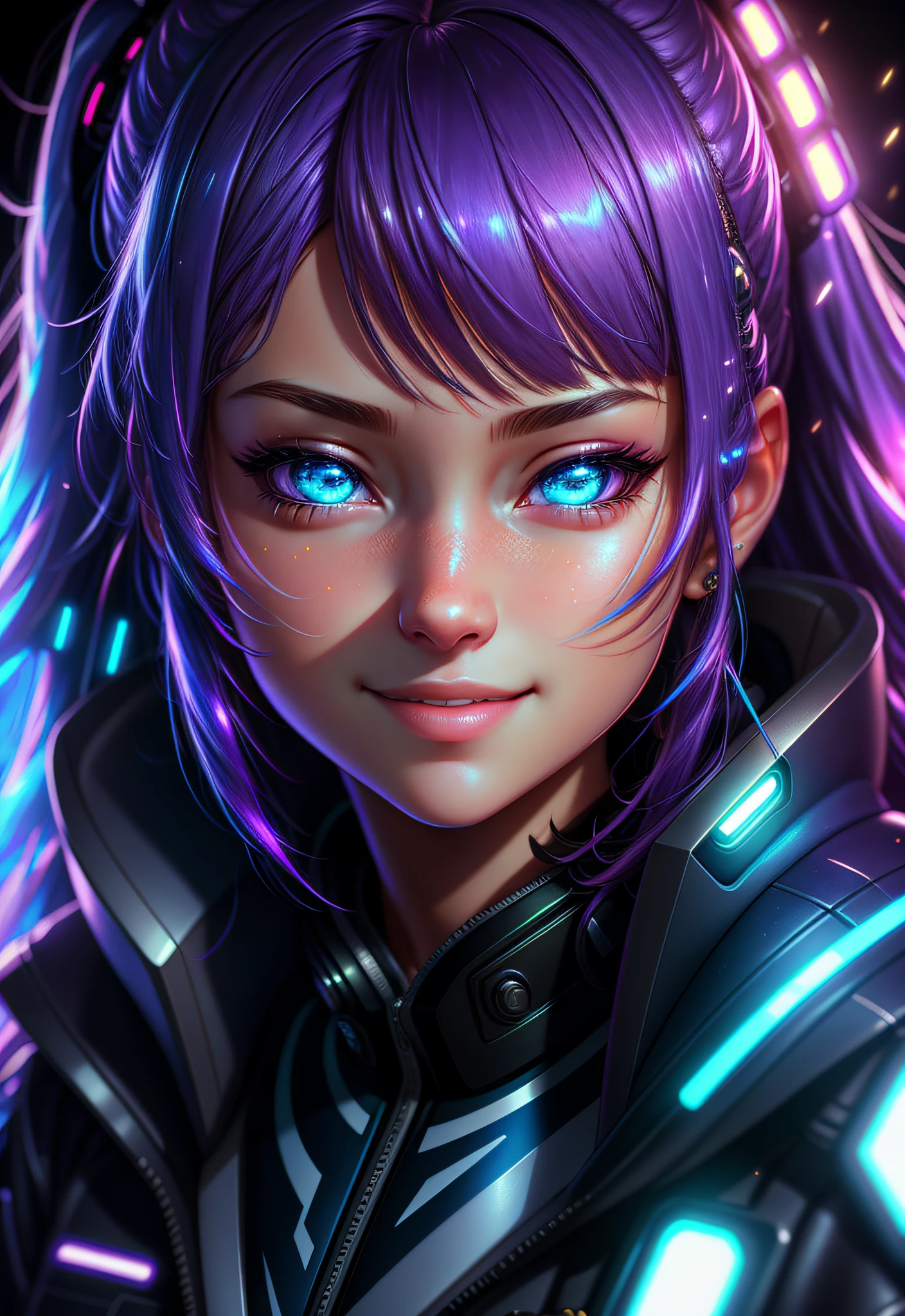 masterpiece, best quality, half body, portrait, night city, 1girl, Anime, 3D, Japan, Pixar, realistic, smiling, beautiful face, harajuku fashion style, raincoat, beautiful, colorful, neon lights, cyberpunk, soft skin, illustration, art station, stanley artgerm lau painting, sideways look, foreshortening, 8K extremely detailed, smooth, high resolution, ultra quality, highly detailed eyes,  highly detailed mouth, highly detailed face, perfect eyes, both eyes are equal, true light, brightness, iridescent, global lighting, real hair movement, real light, real shadow, real face, hd, 2k, 4k, 8k, 16k, realistic light, realistic shadow, bright eyes, fluorescent eyes, soft light, dream light