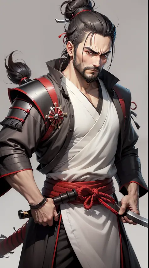 A man of 30, black hair (samurai bun) red eyes, square chin and thin beard, his clothes are gray and white, he is quite playful ...