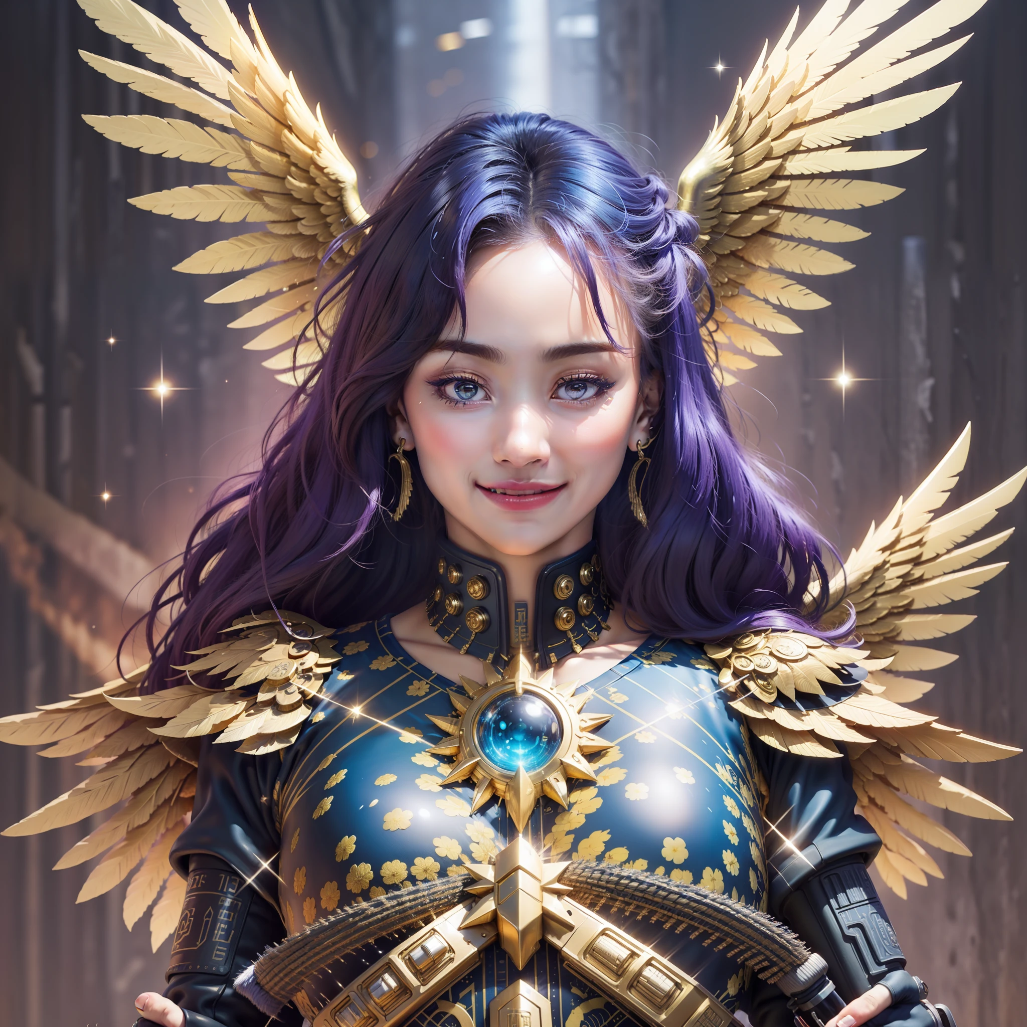 masterpiece,(bestquality),highlydetailed,ultra-detailed,1girl,(mechanicalwings:golden,glowingeyes:blue,goldenrarmor:1.2,elongatedears:0.8),(cyberpunkcity:1.5,weapon:energyblade),(fantasylandscape:1.2,natural lighting:1.5,confidentexpression),(panorama:1.2),mecha, smile,angle,Angels, wings,gold,raw