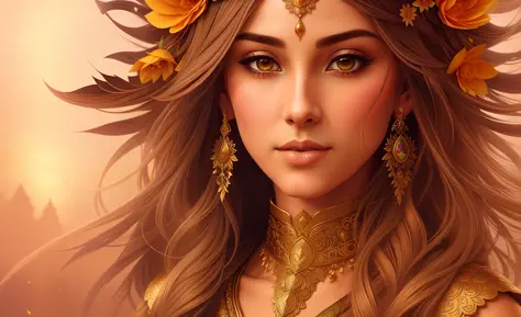 a woman with long hair and a flower crown on her head, epic fantasy art style hd, beautiful fantasy art portrait, indian goddess, 8k high quality detailed art, 4k highly detailed digital art, a stunning portrait of a goddess, beautiful character painting, ...