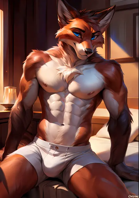 4k, high resolution, best quality, masterpiece, perfect colors, perfect shadows, perfect lighting, posted on e621, (by Chunie, by Einshelm), furry, anthro, furry art, ((portrait)), male fox, red fox, (two-toned fur), furry body, beautiful blue eyes, facing...