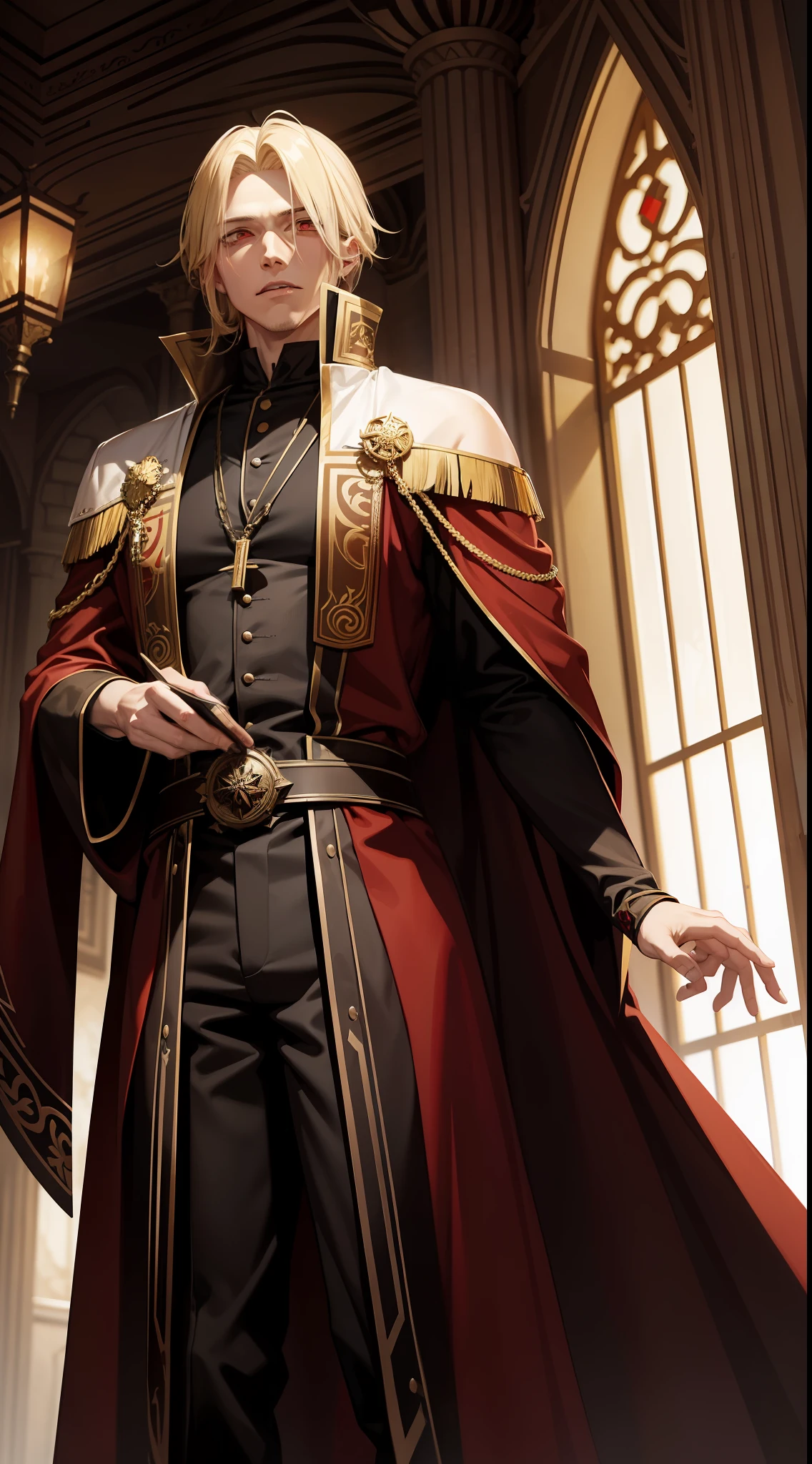 29세 남성, 금발 머리와 붉은 눈을 가진 뱀파이어 왕, 그는 갈색 가운을 입고 있다