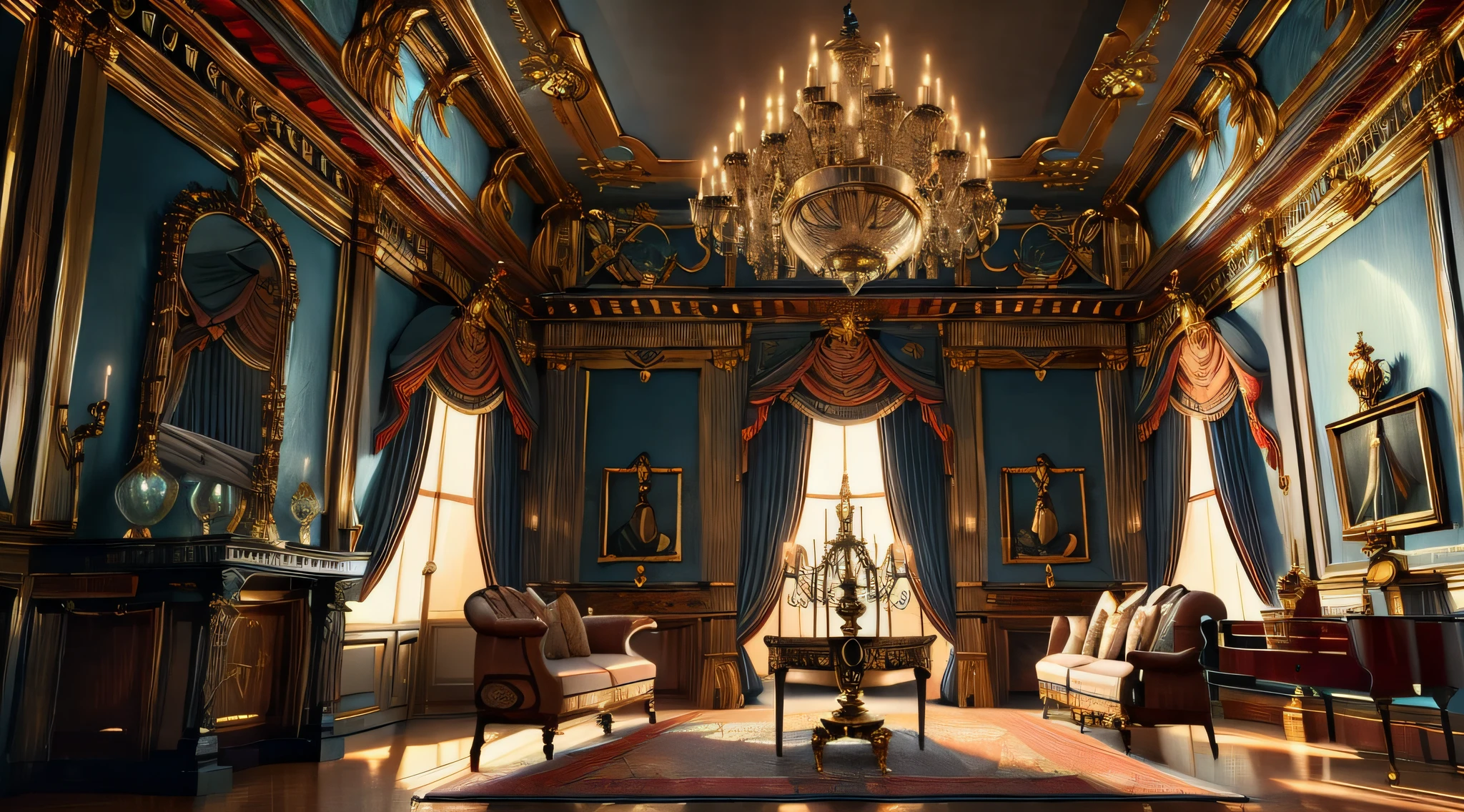 (Best quality),(masterpiece),(ultra detailed),(high detailed),(extremely detailed),Dramatic lighting, epic composition, wide angle, cinematic, moody, ornate, highly detailed, vintage American baroque style interior, octane render, ray tracing reflections, ambient occlusion, 8K