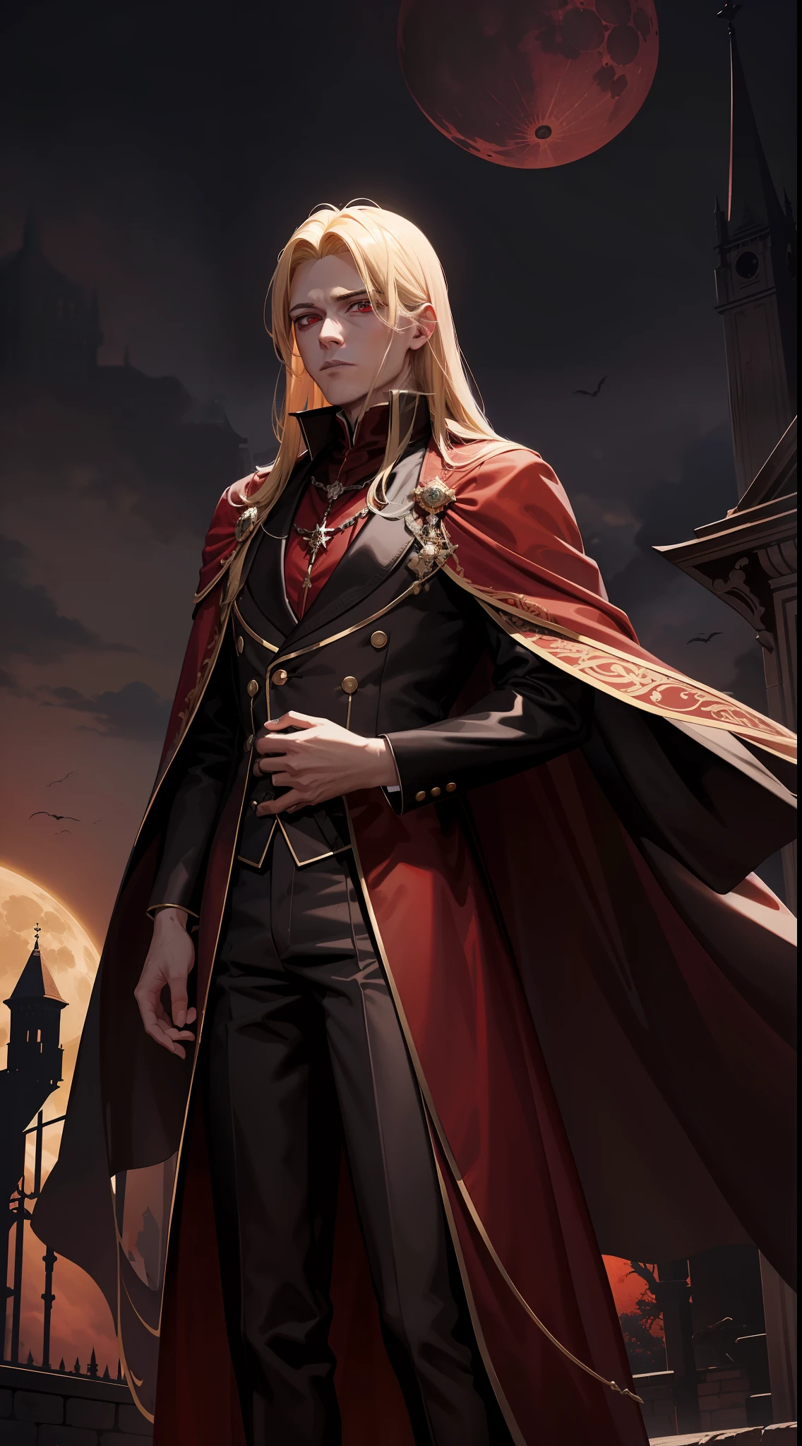 29세 남성, 금발 머리와 붉은 눈을 가진 뱀파이어 왕, 그는 갈색 가운을 입고 빨간색과 검은색 옷을 입는다. (세나리우스 왕성에서의 피묻은 달밤)