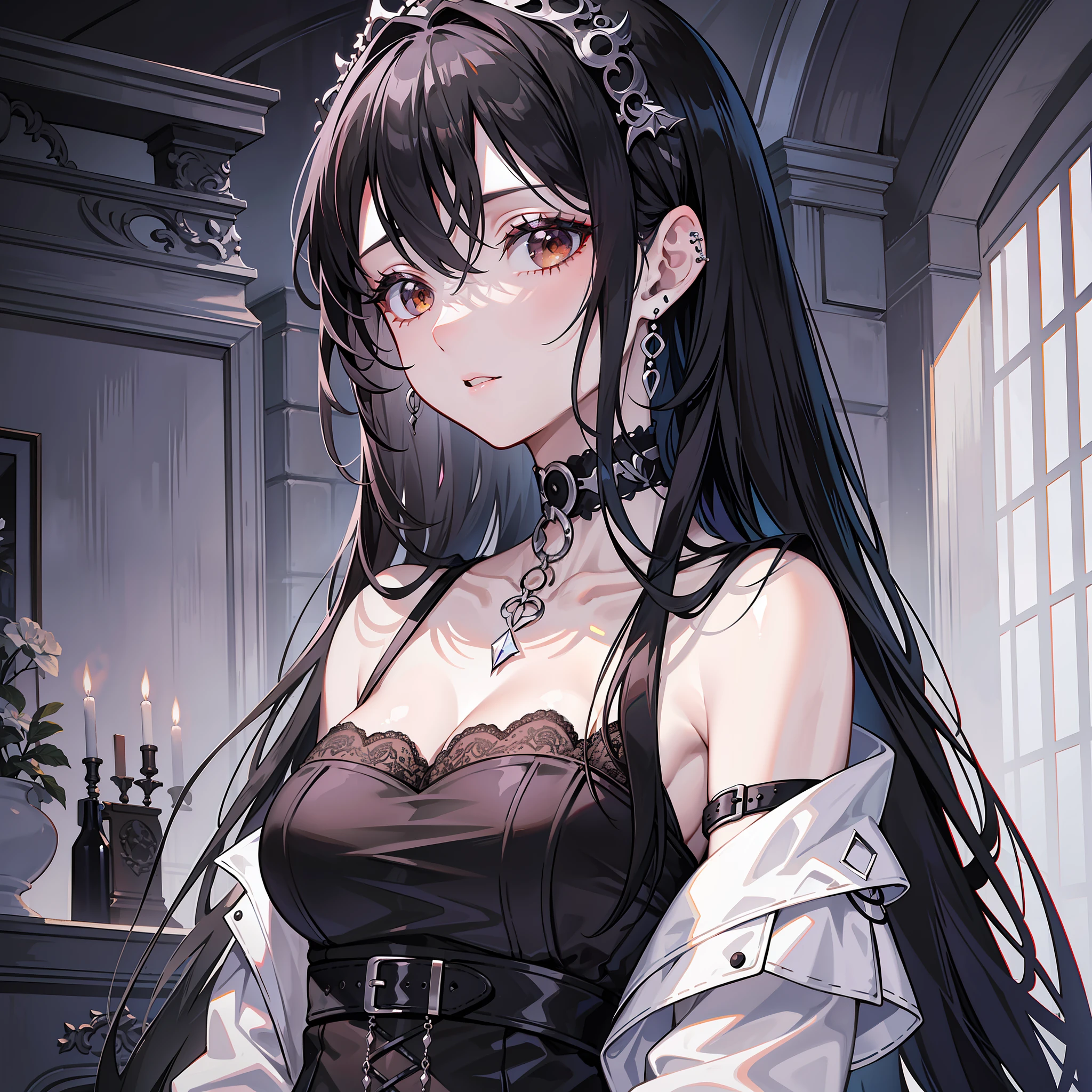 extremely detailed, a woman, perspective, long straight hair, with black hair and white locks, nu-gothic clothing, with choker, maximum quality, silver earrings gothic style, brown skin color, small breasts, white background,