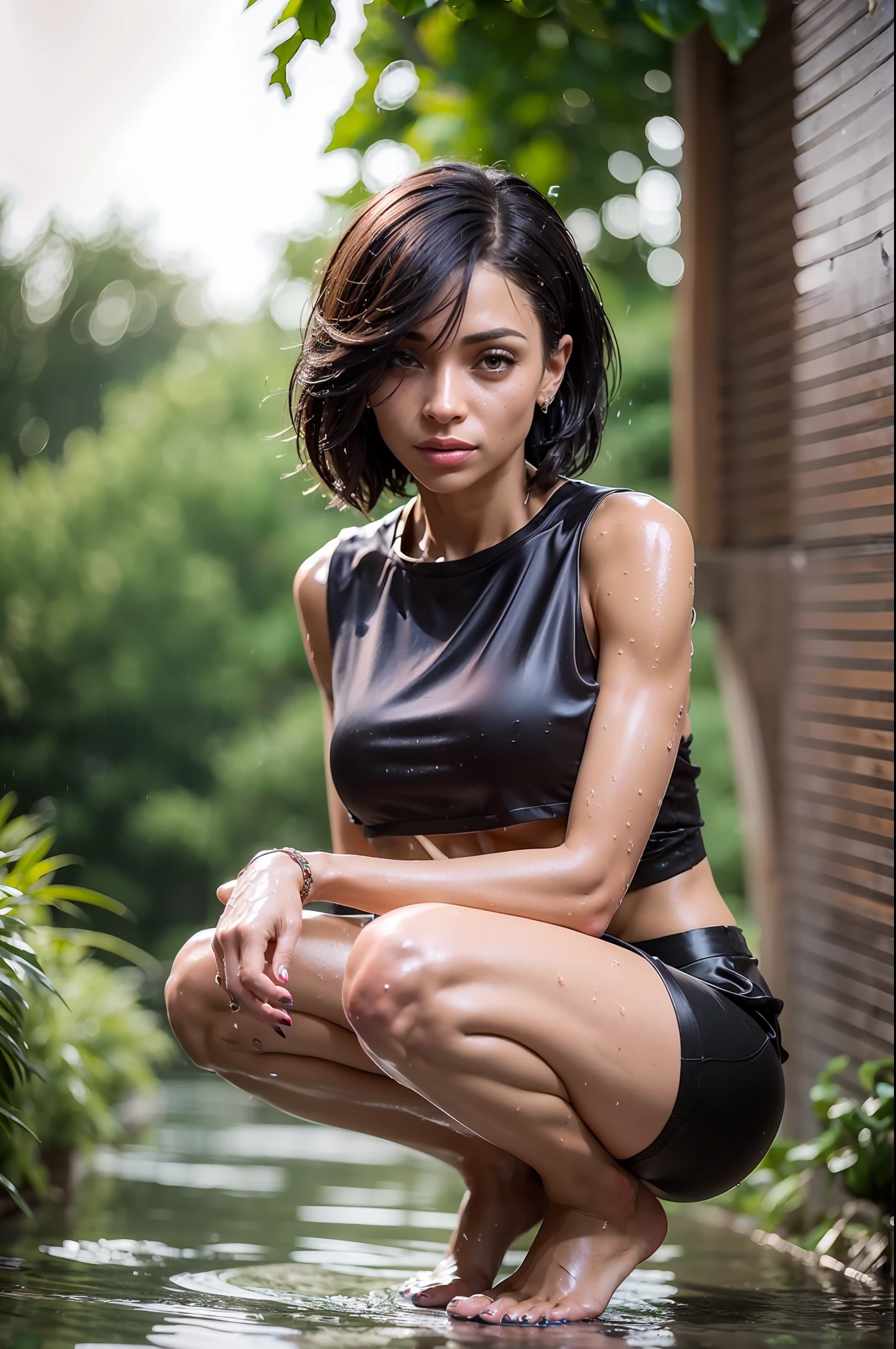 ((Tamara Taylor)), ((tall slender woman)), ((long legs)), ((hairstyle bob)), ((short black hair)), ((perfect figure)), It's evening and the woman is squatting in the garden in the pouring rain, (she's wearing a crop shirt:1.6), (she's wearing a silk skirt:1.4), (her clothes are very wet, 1.5), (((small_breasts))), (photorealistic:1.2) (best quality) (intricate details) (8K) (High Poly) (Raytracing) (Cinema Lighting) (Sharp Focus) (Detailed Face:1.3),  realistic skin textures, soft face, beautiful natural skin, beautiful face, (beautiful natural skin), suntanned skin, ((beautiful face)), seductive look, (perspective from the side), ((crisp buttocks)), ((cameltoe))