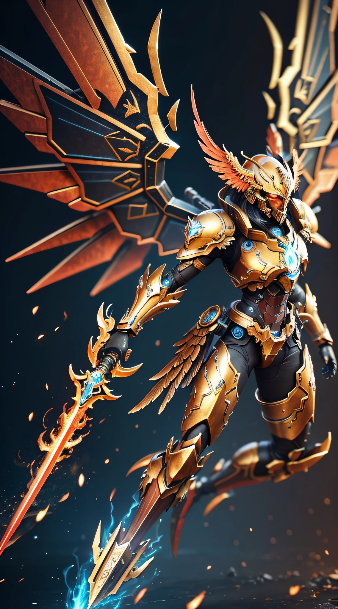 Steampunk style, cold color, cinematic effect, futuristic sci-fi mecha God of War, black and gold mecha with dragon pattern, metal textured wings on the back, wings are feathers, gorgeous golden wings, wings are layered, holding red flame sword, three-dimensional, battle posture, battle posture display, flame sword red particle light, flame sword particle special effects, flame sword 3D, exquisite, aesthetic, scattered, super details, face face exquisite details, clear outline, face close-up, perfect details, 8K, top painting, Feature Article, Studio Environment, Concept Art, Epic Composition, Full Body Shot, HD Detail, Metallic and Tension Composition, Hyper-Realism, Ultra-Realistic, Rich in Detail, 3D. C4D,