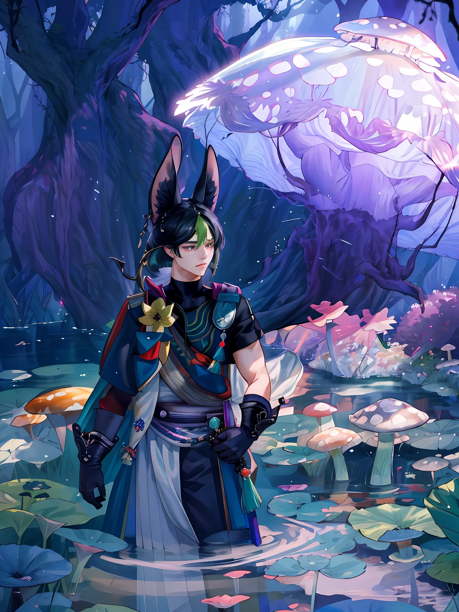extremely delicate and beautiful, Amazing, finely detail, masterpiece, ultra-detailed, highres,best illustration, best shadow,intricate,sharp focus, high quality, 1 male solo, mature, handsome, tall muscular guy, broad shoulders, black hair with a green streak. big black animal ears, dark teal eyes, tighnari genshin impact, gloves, black shirt, white shirt, black pants, standing in a water in a mysthical lake with glowing mushrooms and glowing plants