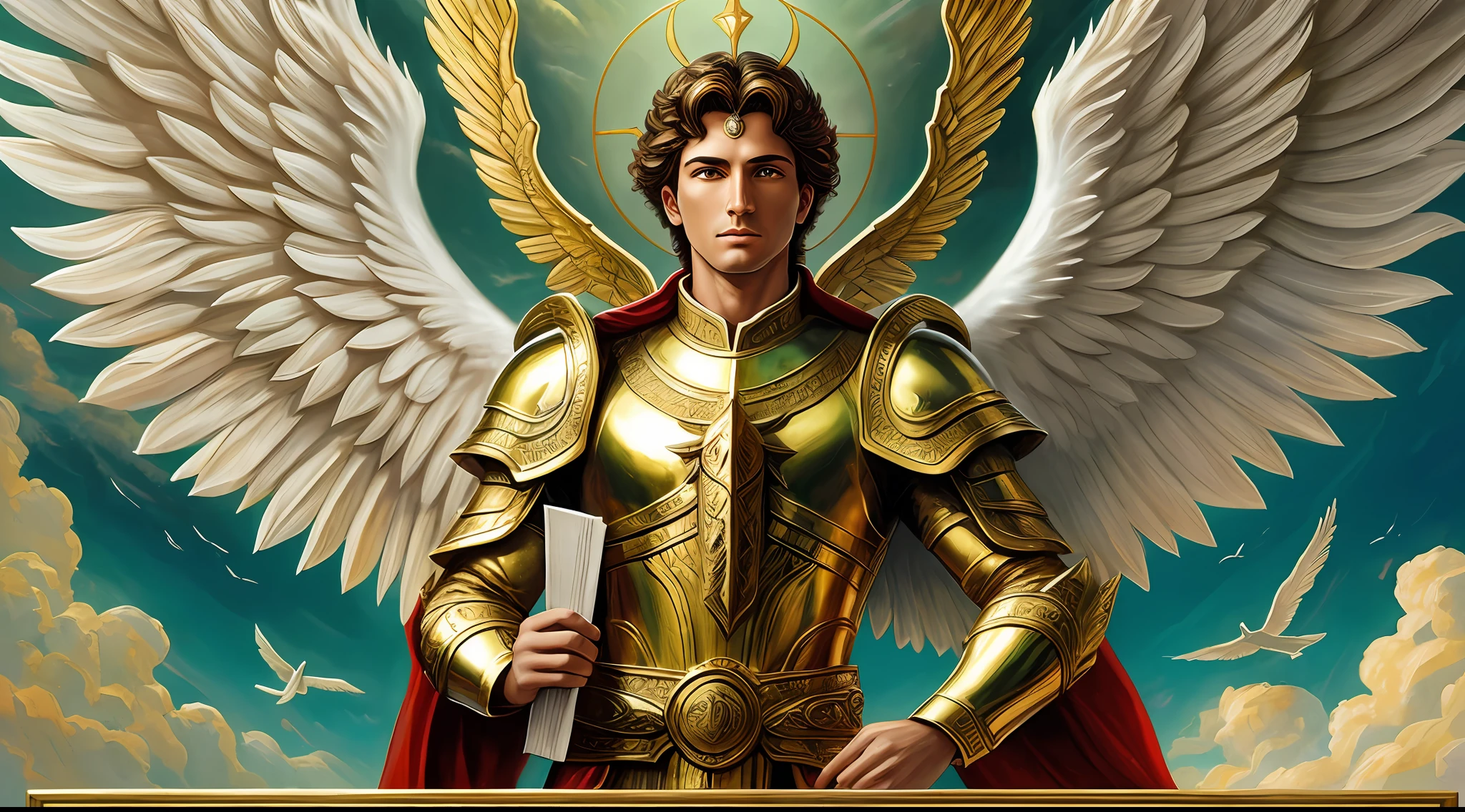 a closeup of painting of a man archangel, with wings and a book in his hands, archangel uriel,archangel michael, archangel, st. michael the angel, biblically heavenly angel, precise biblical angel, totalitarian socialist angel, inspired by God, biblically accurate angels, full of angel paintings, god art concept, uriel angel, large white wings,  with green, red and white clothes, warrior of God, angel of money and gold, angel man looking at the horizon, heavenly armor --auto --s2