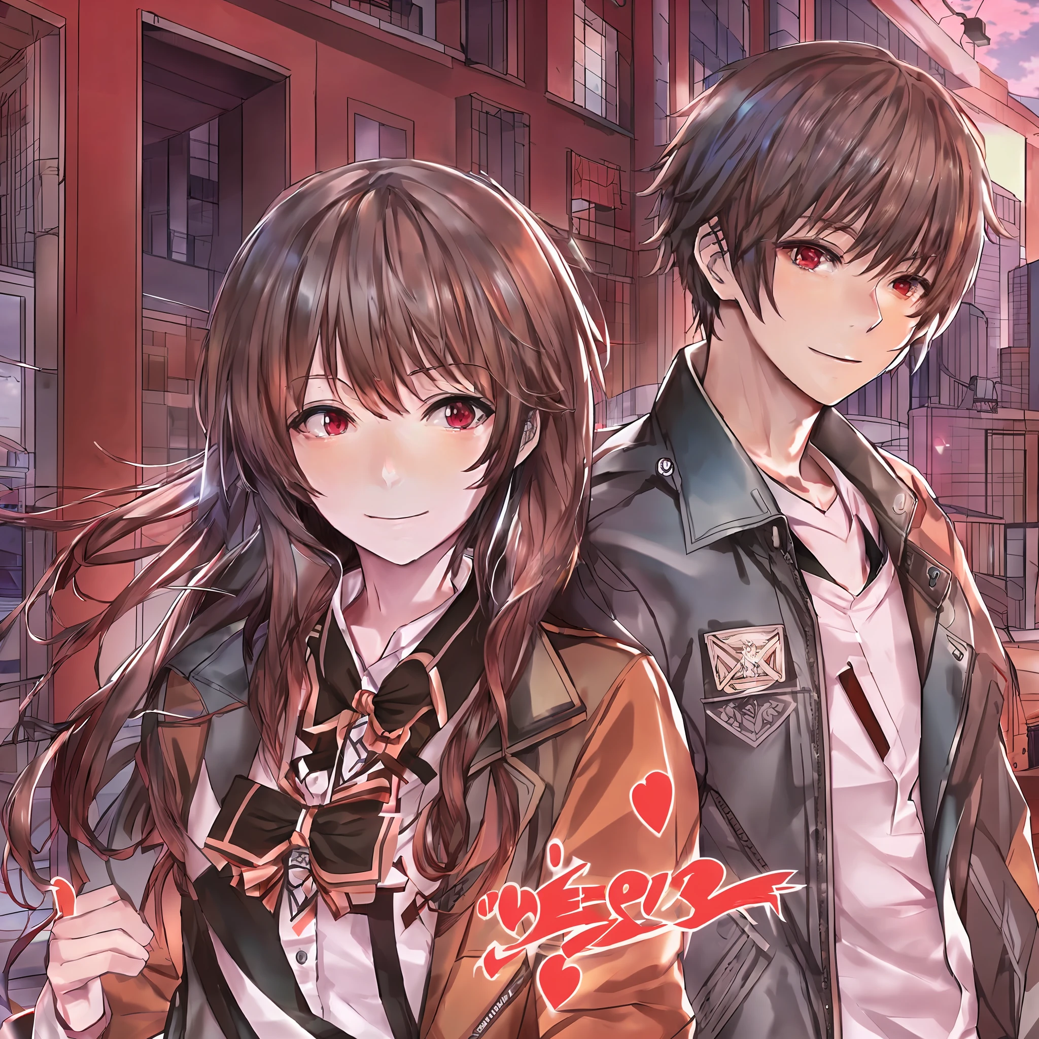 Anime girl with jacket, long brown hair next to cute and depressive boy with brown hair and bangs, digital anime art, in a school --auto --s2