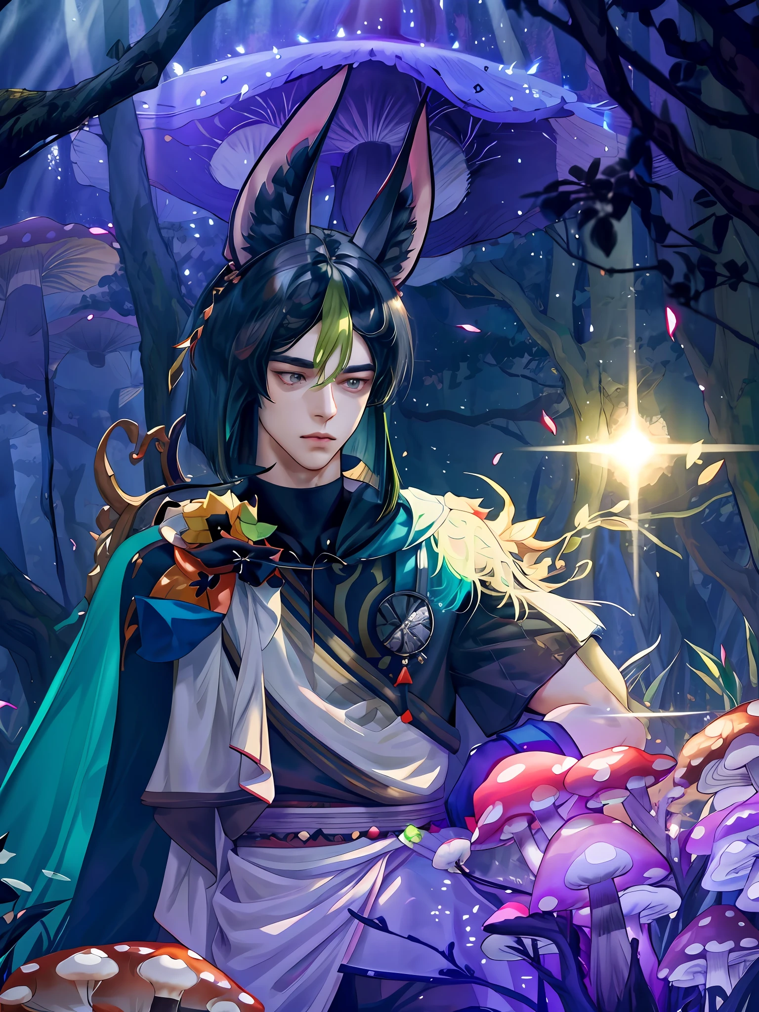 extremely delicate and beautiful, Amazing, finely detail, masterpiece, ultra-detailed, highres,best illustration, best shadow,intricate,sharp focus, high quality, 1 male solo, mature, handsome, tall muscular guy, broad shoulders, black hair with a green streak. big black animal ears, dark teal eyes, tighnari genshin impact, gloves, black shirt, white shirt, black pants, in a mysthical forest with glowing mushrooms and glowing plants