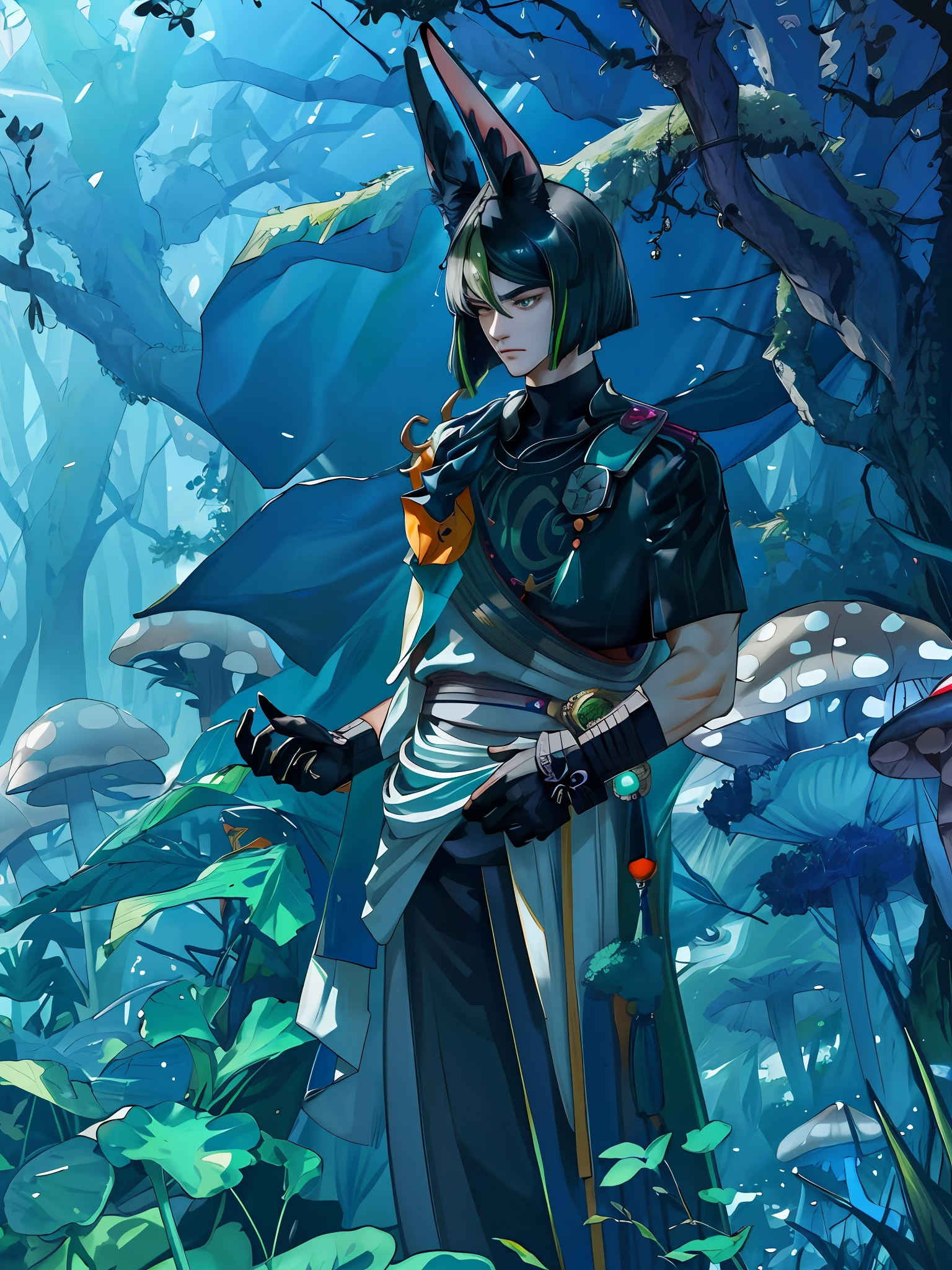 extremely delicate and beautiful, Amazing, finely detail, masterpiece, ultra-detailed, highres,best illustration, best shadow,intricate,sharp focus, high quality, 1 male solo, mature, handsome, tall muscular guy, broad shoulders, black hair with a green streak. big black animal ears, dark teal eyes, tighnari genshin impact, gloves, black shirt, white shirt, black pants, in a mysthical forest with glowing mushrooms and glowing plants