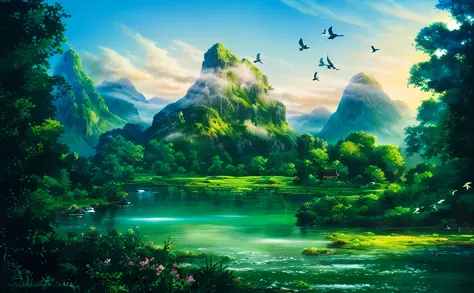(extremely detailed 8k wallpaper) +, Painting of a mountain scene with a lake and birds flying over it, beautiful mountain backg...