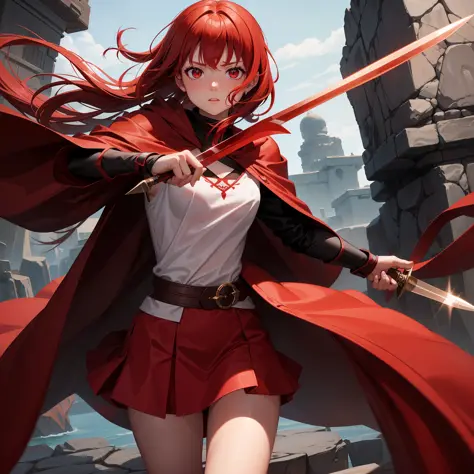 An 8-year-old girl, red hair and red eyes, is a formidable warrior with her two daggers, she wears a brown robe and clothes are ...