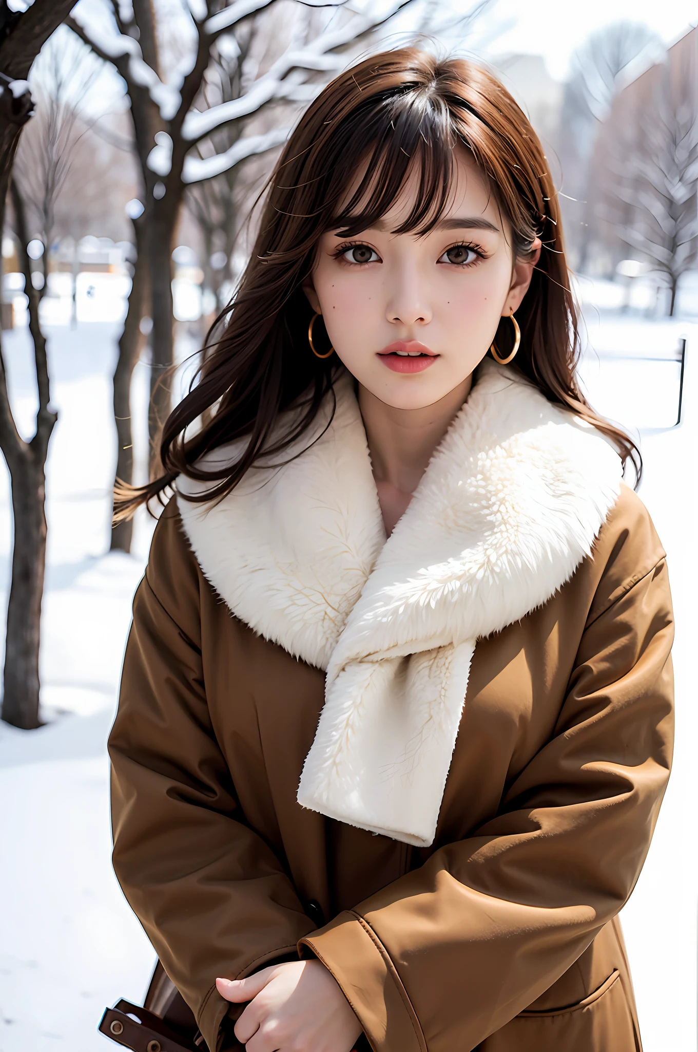 1 girl, bare_tree, brown_eyes, brown_hair, building, coat, cross_earrings, earrings, fur, fur trimmed_coat, fur_collar, fur_scarf, fur_trim, jewelry, lips, shorthair, looking_at_viewer, outdoors, snow, snow, solo, tree, upper_body, Winter, winter_clothes, detailed_eyes,Big breasts, chest close with arms, face facing camera, big, ears out, golden ratio face, golden ratio body, top quality, ultra high definition, bangs, thick bangs