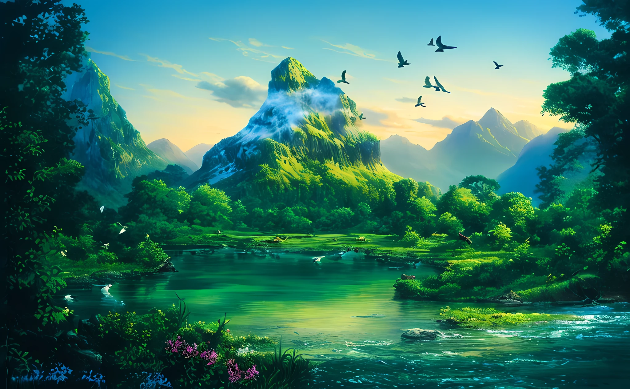 (extremely detailed 8k wallpaper) +, Painting of a mountain scene with a lake and birds flying over it, beautiful mountain background, lakeside mountains, majestic nature scenery, stunning fantasy landscape, dreamlike epic fantasy landscape, highly detailed 4k digital art, fantasy landscape, scenic fantasy, 3D virtual landscape painting,  peaceful landscape, natural landscape beauty, fantasy art landscape, high fantasy landscape