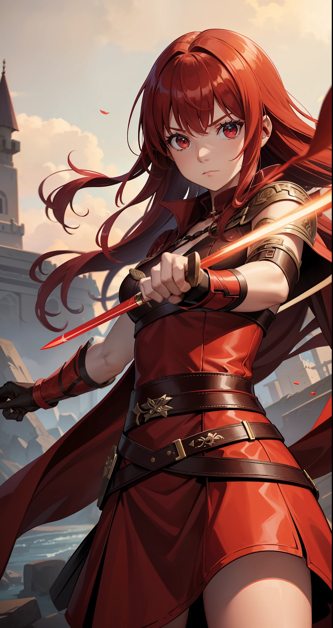 uma menina de 8 anos, Cabelo ruivo e olhos vermelhos, é uma guerreira formidável com suas duas adagas, usa um manto marrom e roupas são longas e vermelhas vermelhas, ela carrega facas de arremesso e outras adagas