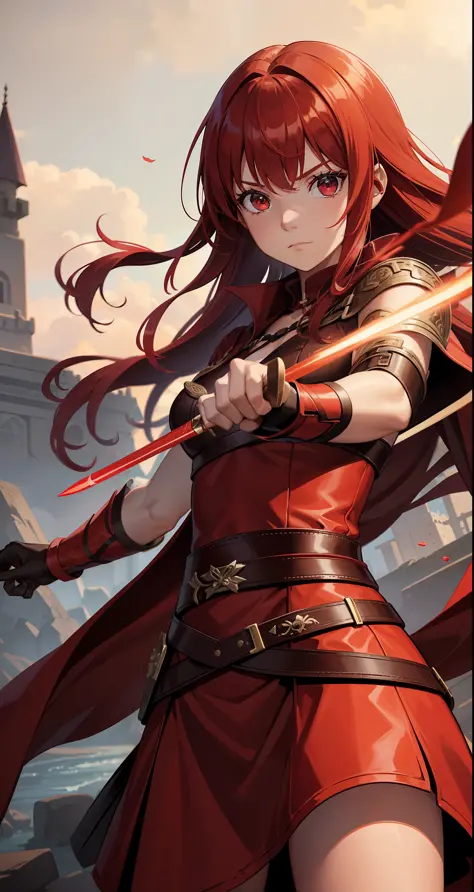 An 8-year-old girl, red hair and red eyes, is a formidable warrior with her two daggers, wears a brown robe and clothes are long...