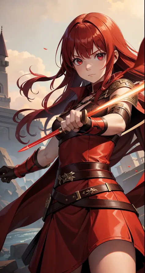 an 8-year-old girl, red hair and red eyes, is a formidable warrior with her two daggers, wears a brown robe and clothes are long...