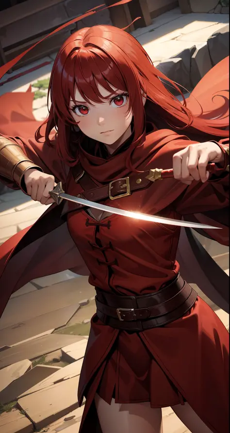 An 8-year-old girl, red hair and red eyes, is a formidable warrior with her two daggers, wears a brown robe and clothes are long...