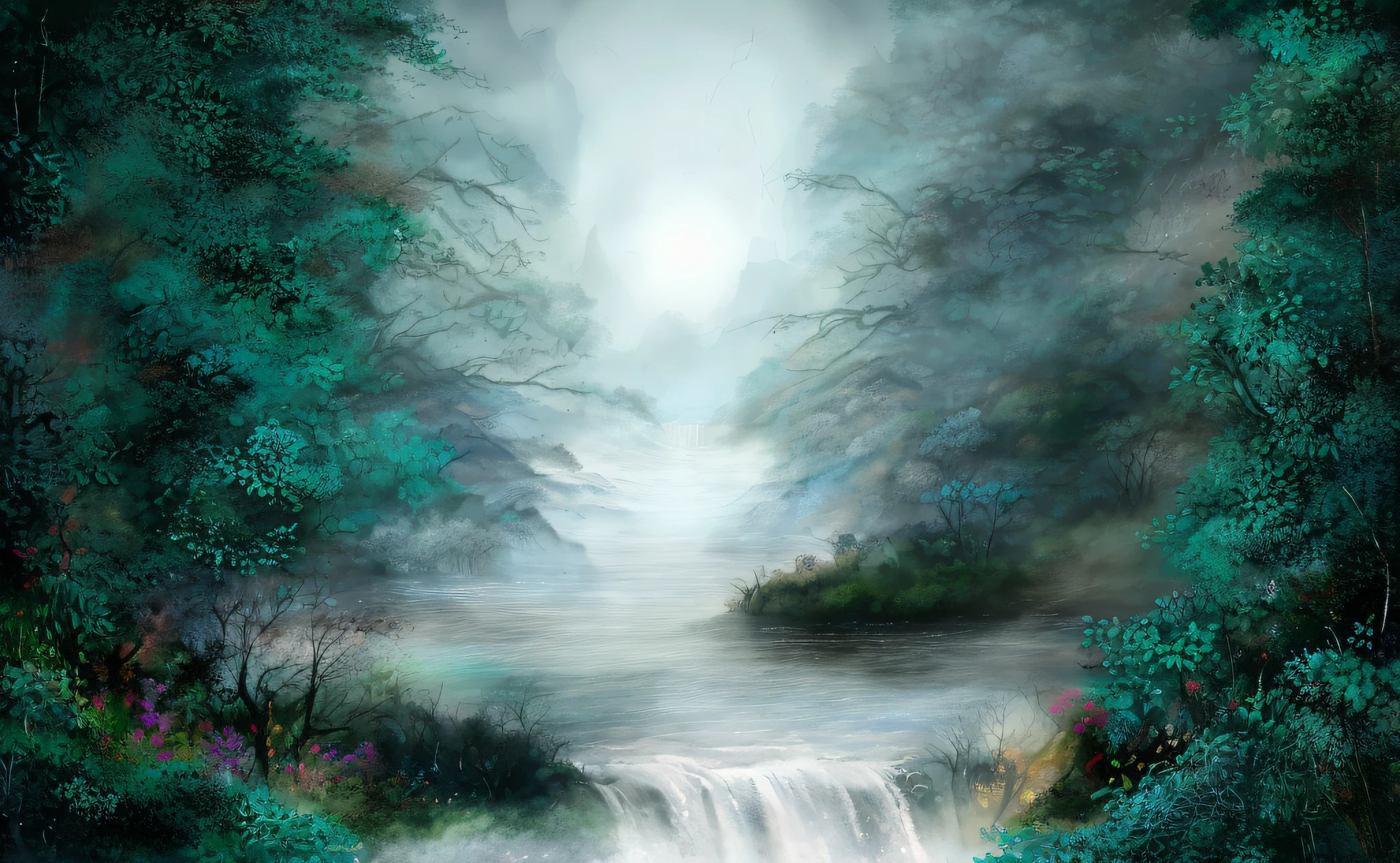 (extremely detailed 8k wallpaper) +, Painting of a waterfall in a forest with full moon, mystical forest pond, atmospheric. digital painting, background art, misty environment, forrest fantasy background, background is hazy, soft digital painting, dreamlike digital painting, fantasy forest landscape, waterfall. fog, fantasy forest background, misty background, forest and waterfall, in a forest. digital art