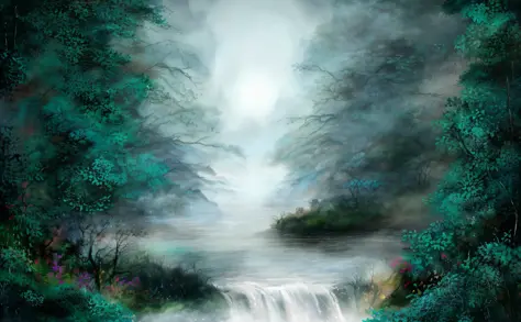 (extremely detailed 8k wallpaper) +, Painting of a waterfall in a forest with full moon, mystical forest pond, atmospheric. digi...