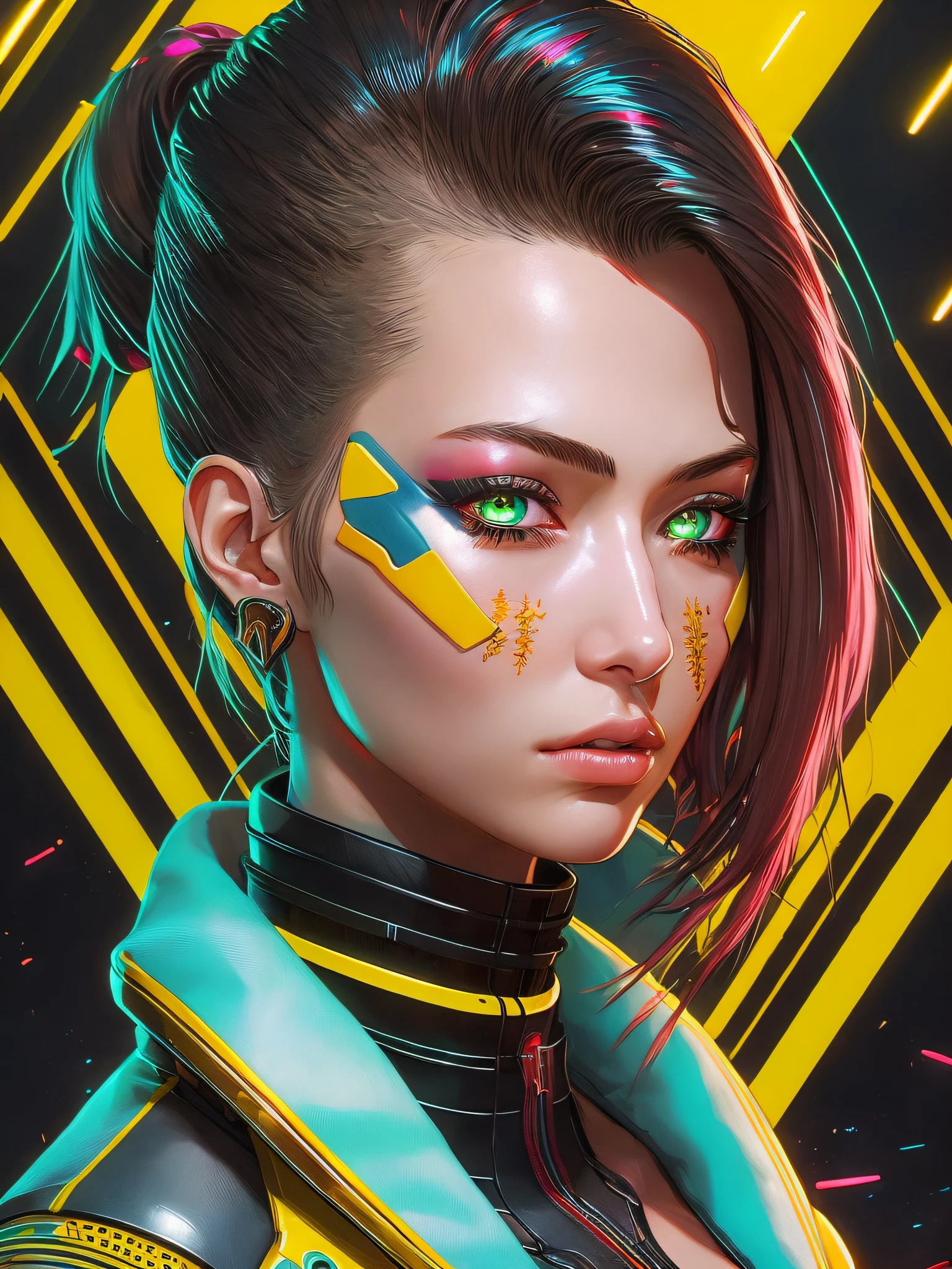 (meilleure qualité),(chef-d&#39;œuvre),(ultra détaillé),(très détaillé),(extrêmement détaillé),magnifique femme cyberpunk,beau visage, Futuriste, cyberpunk2077, très détaillé, Brillant, Illustration numérique, de Tatsuki Fujimoto et Shigenori Soejima