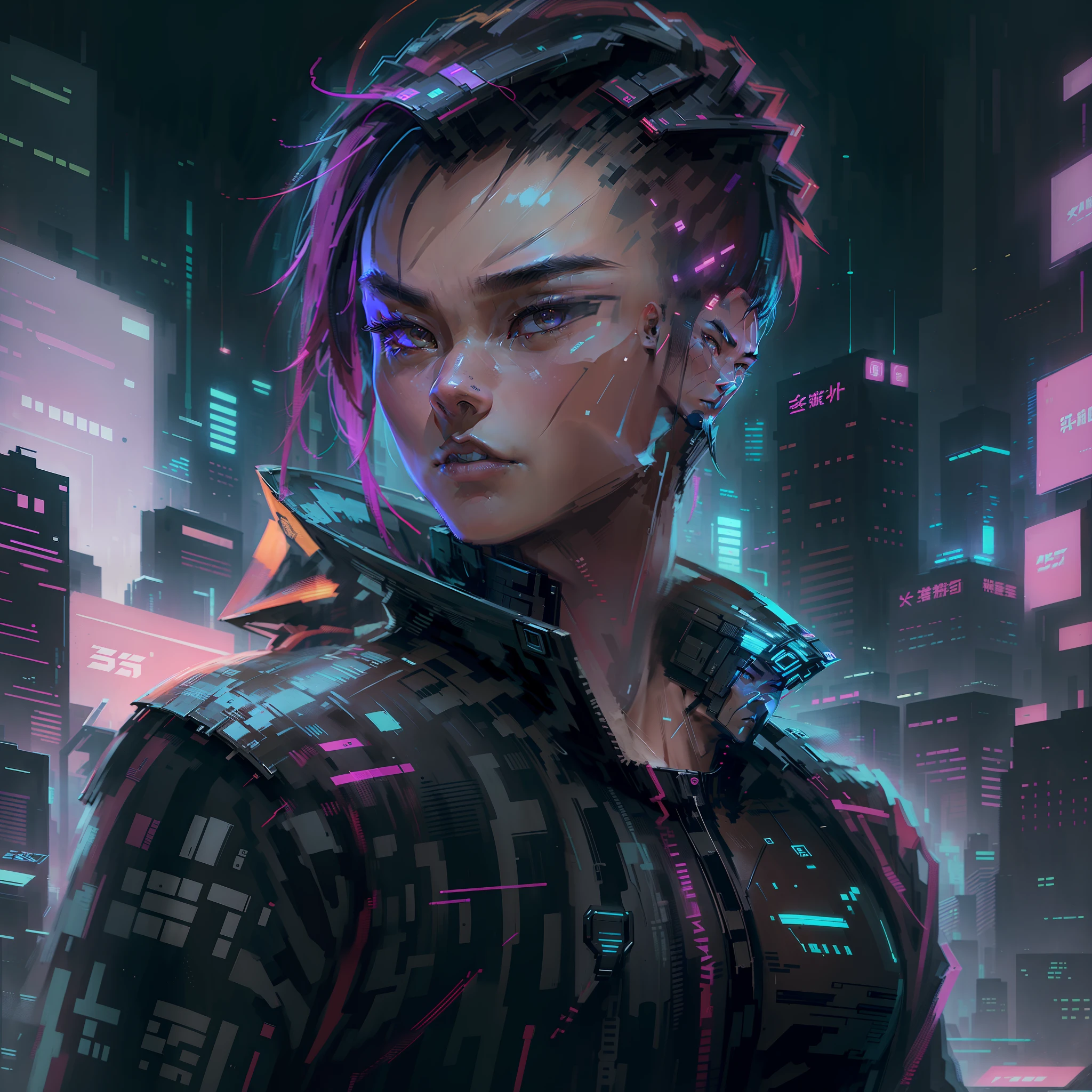 Create an Asian man cyberpunk style, futuristic background, short hair, futuristic cyber suit, (best quality), ((1:1 resolution), (face centered in the center of the image), avatar photo only, (head + shoulders), 8k resolution, highly realistic.