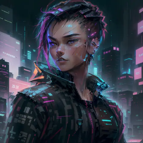 Create an Asian man cyberpunk style, futuristic background, short hair, futuristic cyber suit, (best quality), ((1:1 resolution)...