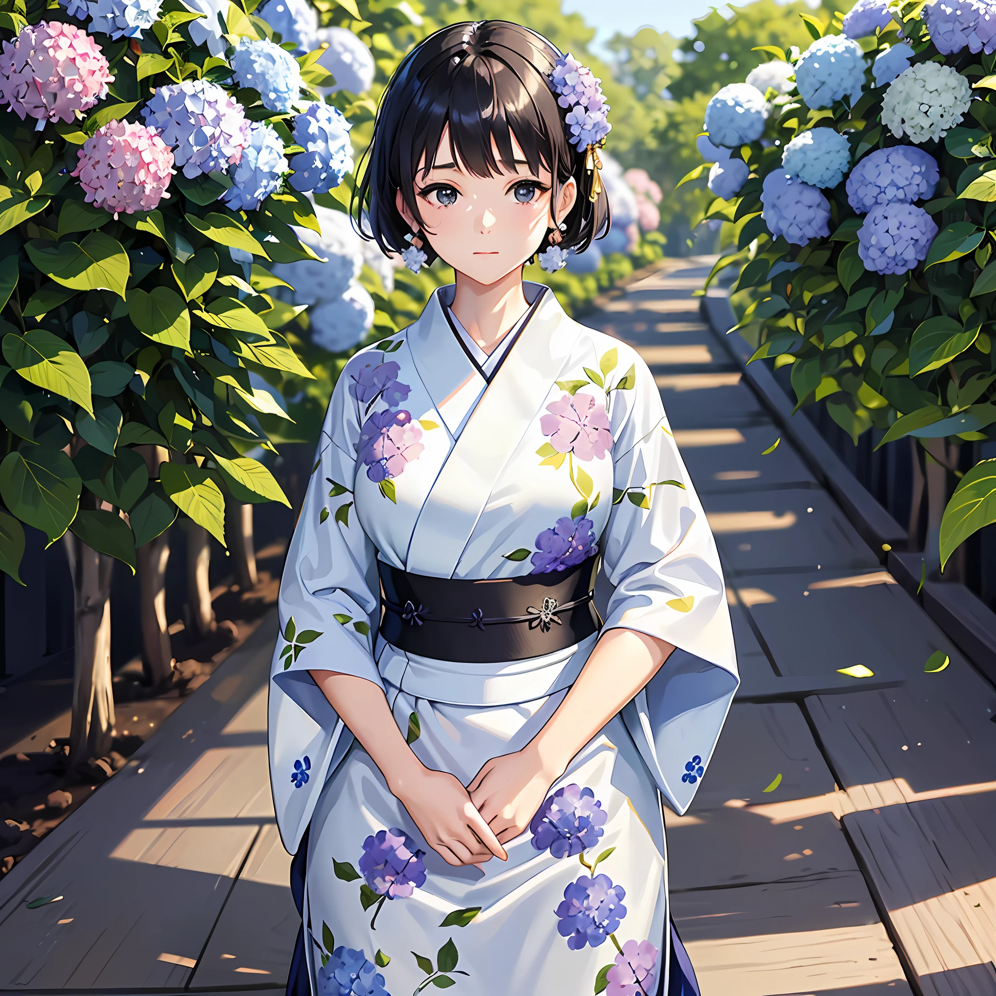 A beautiful girl who exudes a pure and neat atmosphere stands on a plain white background. She wears a yukata and has beautiful hydrangea patterns painted all over her body. She has short cuts and black hair and stands gracefully.